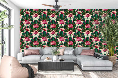 Elegant room featuring Art Nouveau floral fan wallpaper with jewel-toned details and decorative vintage glamour