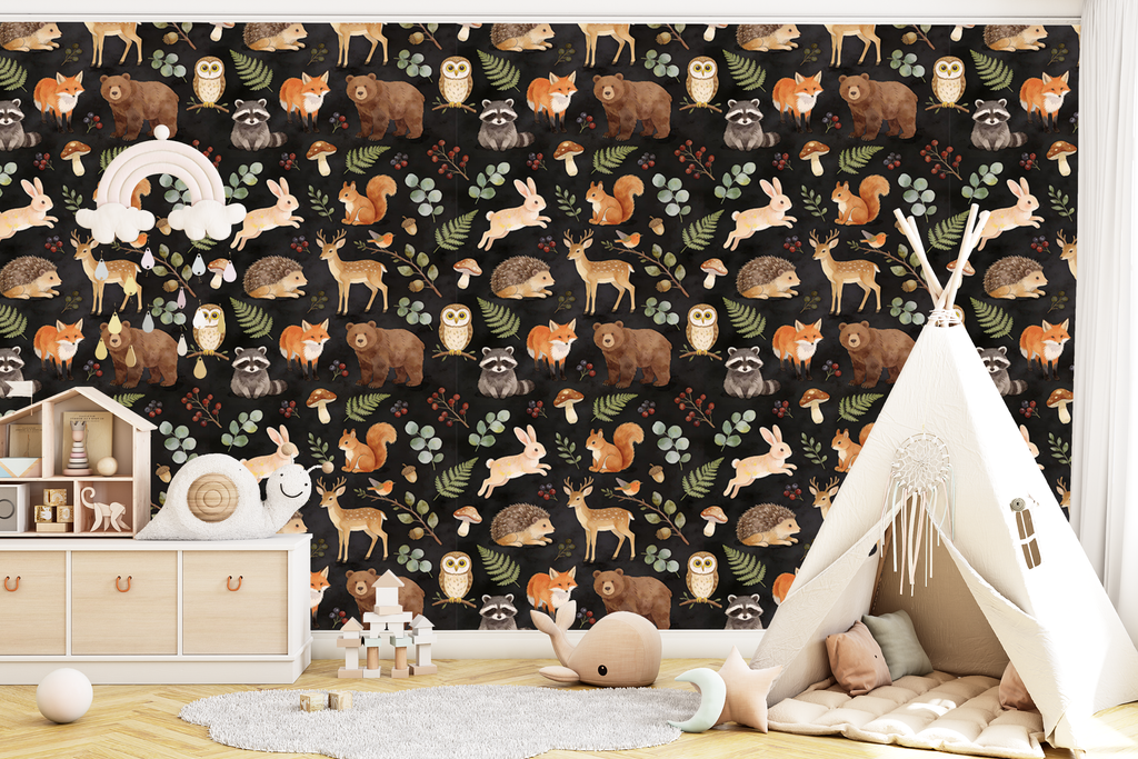 Woodland animals wallpaper with fox, bear, deer, rabbit, raccoon, hedgehog, and forest foliage on a dark background