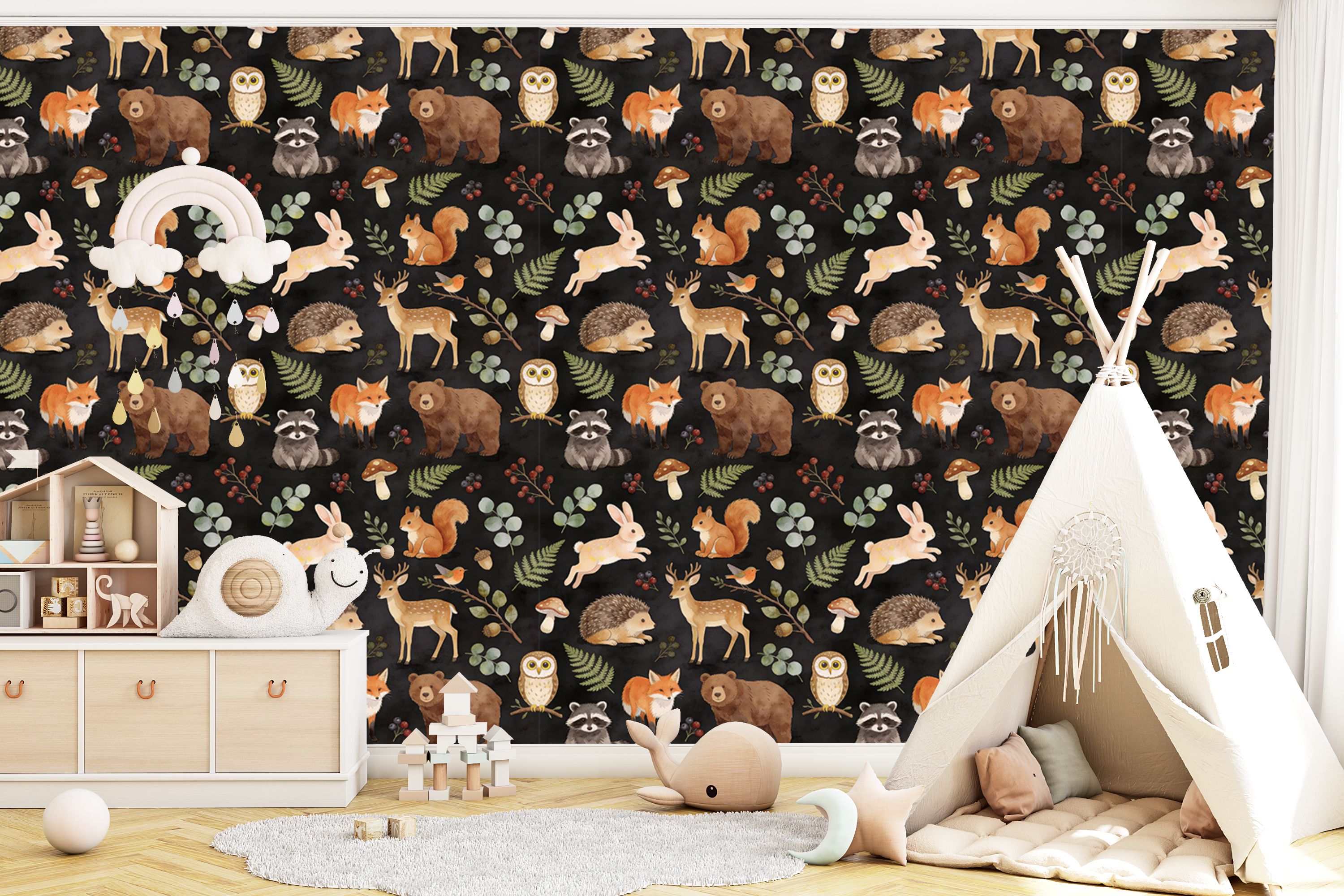 Woodland animals wallpaper with fox, bear, deer, rabbit, raccoon, hedgehog, and forest foliage on a dark background