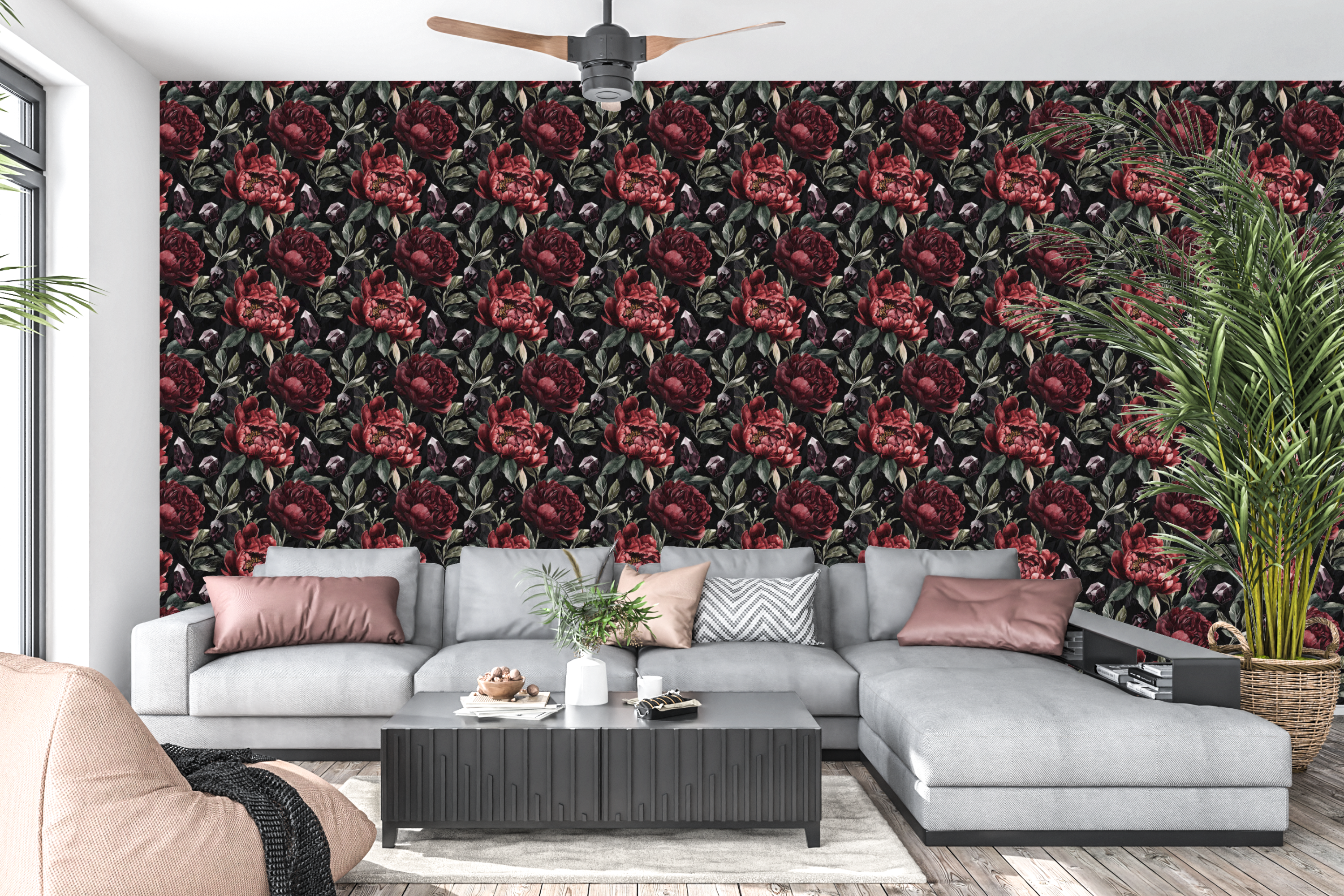 Dark gothic crystal peony wallpaper styled as an atmospheric bedroom feature wall with velvet headboard, amethyst accents, brass lighting, and warm candlelight — peel and stick or traditional paste moody wallpaper by WallpaperPixi