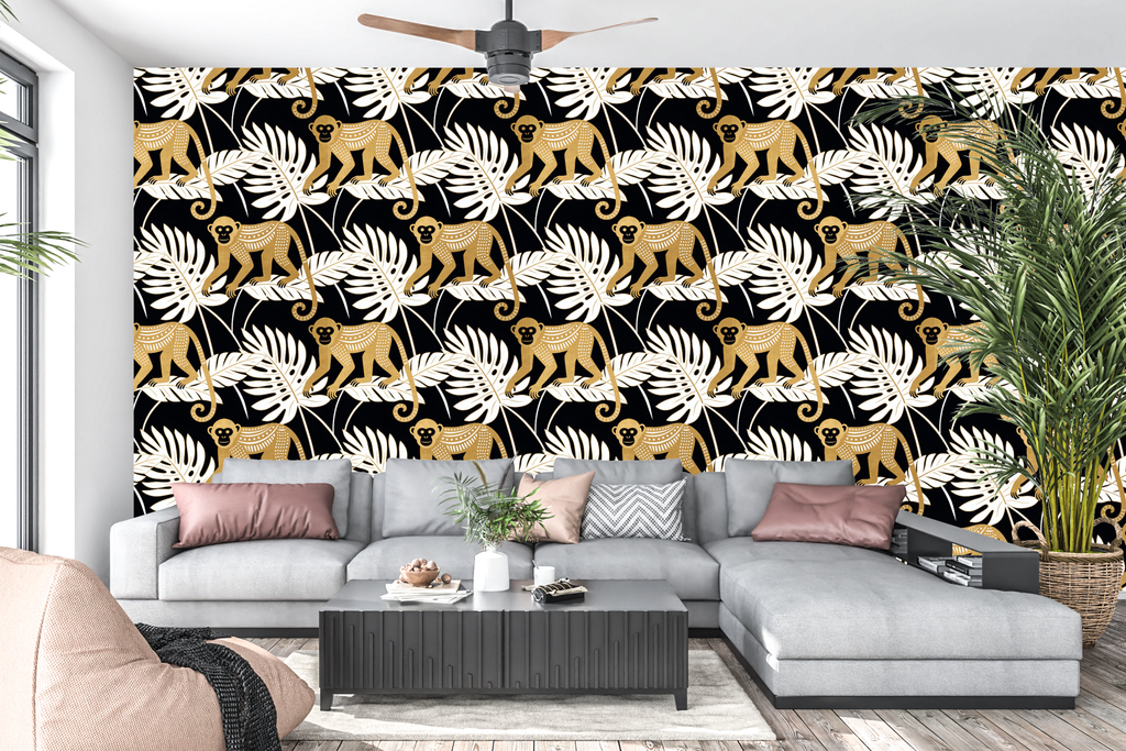 Art Deco Jungle Monkey Peel and Stick Wallpaper Tropical Bedroom Decal