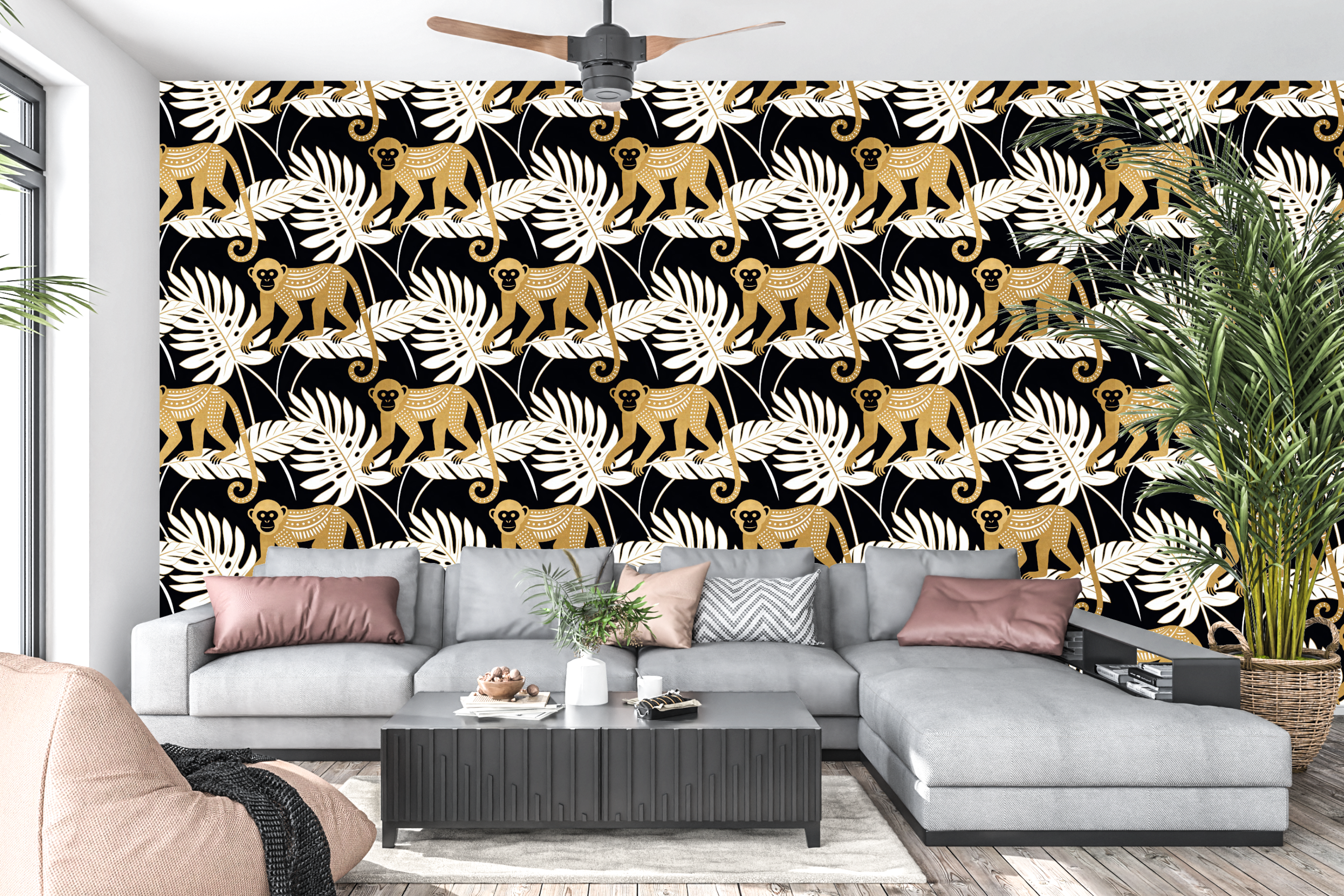 Art Deco Jungle Monkey Peel and Stick Wallpaper Tropical Bedroom Decal