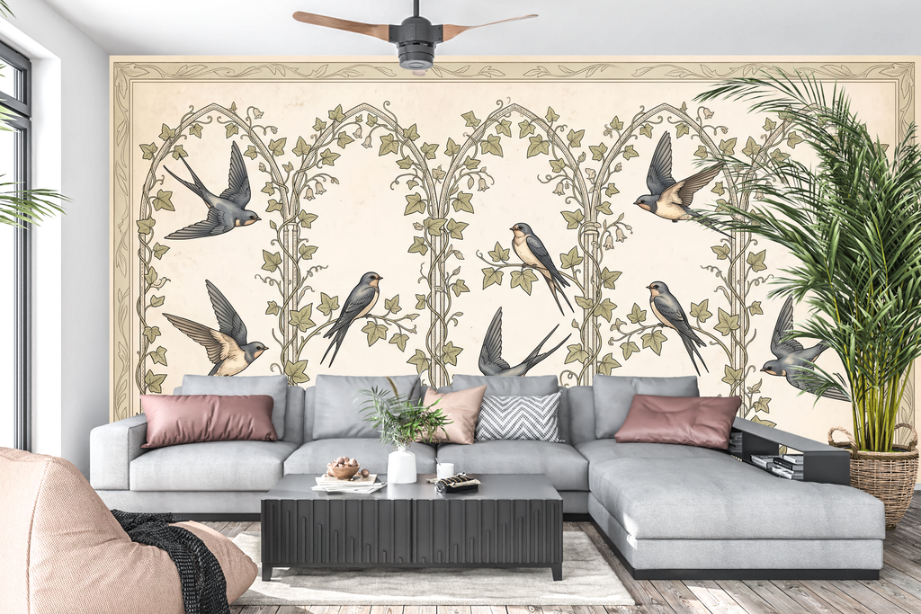 Aged parchment and climbing ivy wall mural transforming a cozy living space