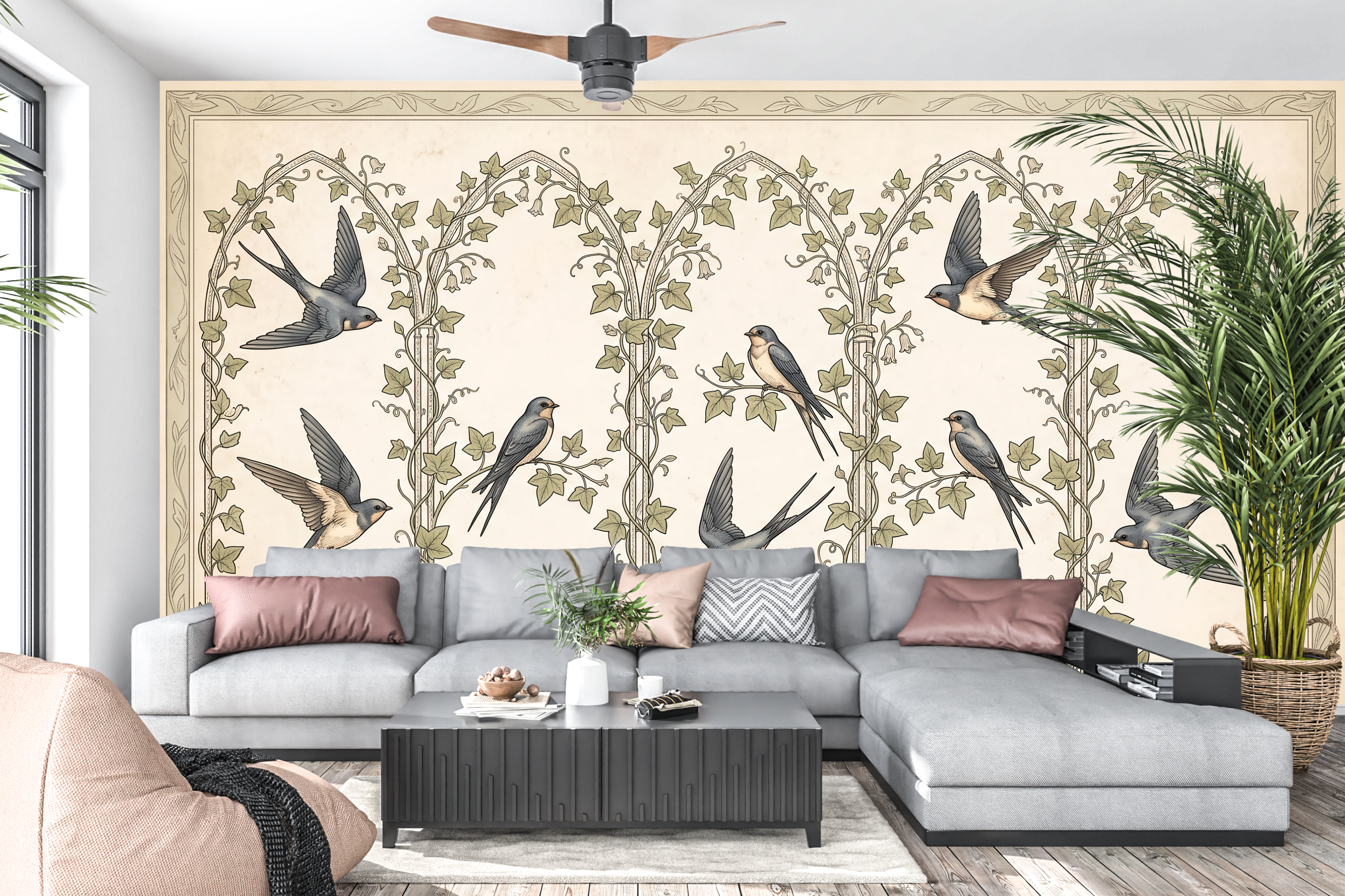 Aged parchment and climbing ivy wall mural transforming a cozy living space