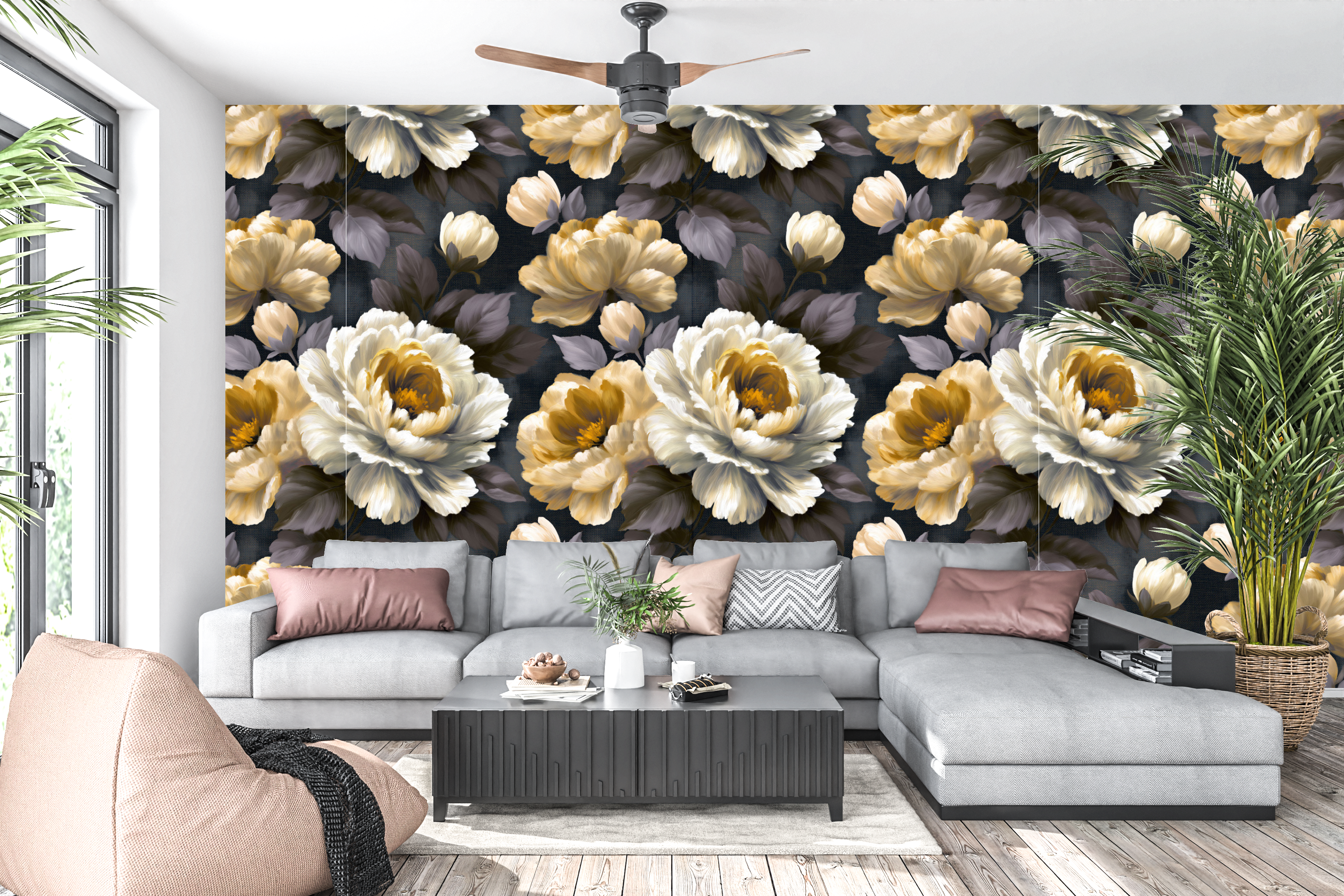 Close-up detail of oil painted butter yellow peony bloom with mocha brown leaves on dark navy linen-texture wallpaper — high-definition painterly fade-resistant print by WallpaperPixi