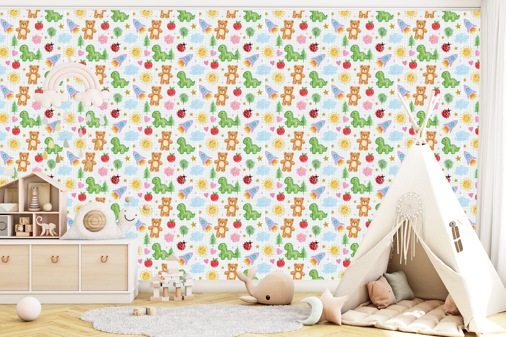 Seamless crayon doodle wallpaper with green dinosaur and purple rocket in a colorful playroom
