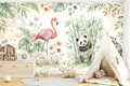 Watercolour safari animal nursery wall mural featuring a pink flamingo among monstera and wildflowers, a baby panda hugging bamboo, and a raccoon on a branch with lush botanical framing on soft ivory ground — premium nursery mural by WallpaperPixi