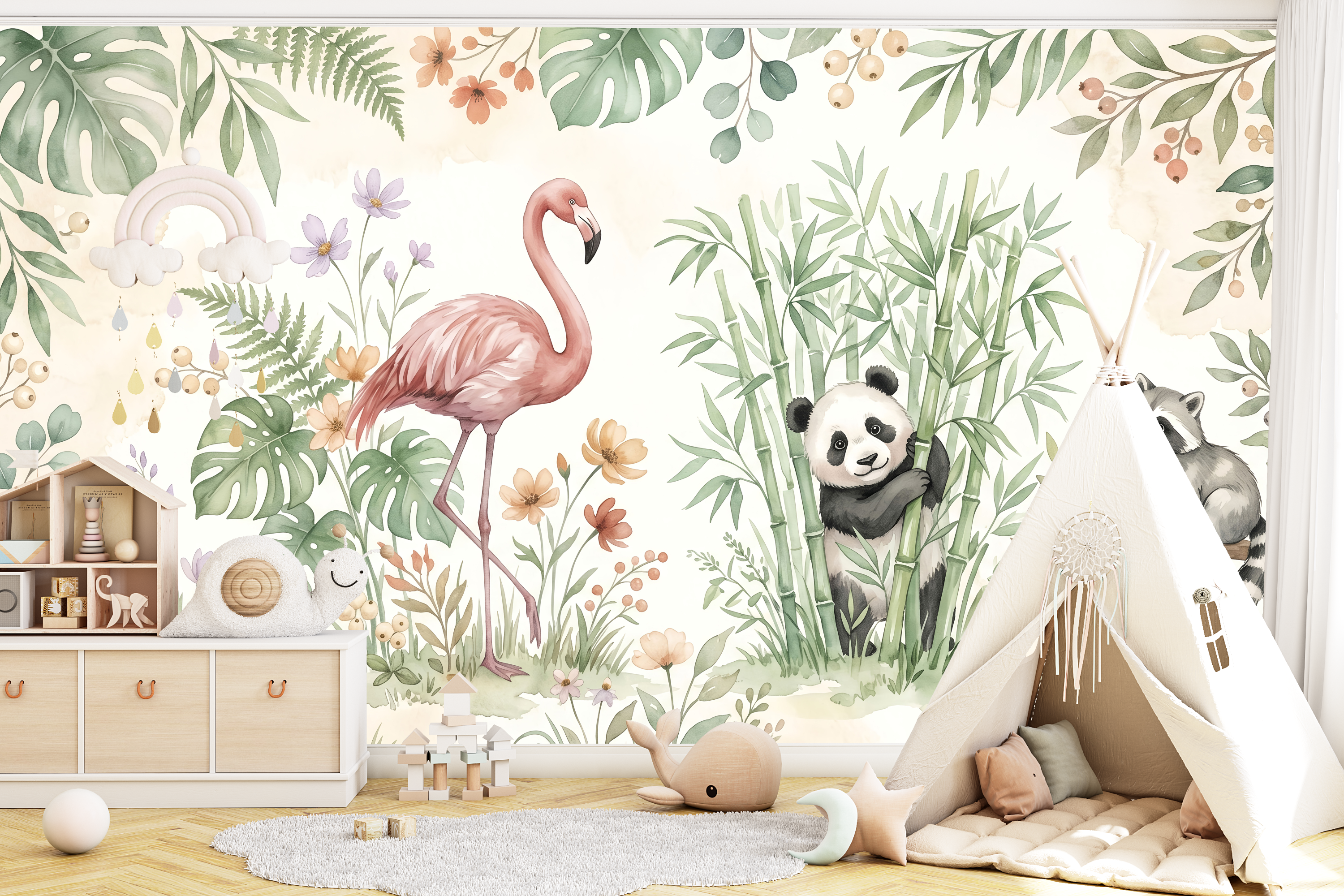 Watercolour safari animal nursery wall mural featuring a pink flamingo among monstera and wildflowers, a baby panda hugging bamboo, and a raccoon on a branch with lush botanical framing on soft ivory ground — premium nursery mural by WallpaperPixi