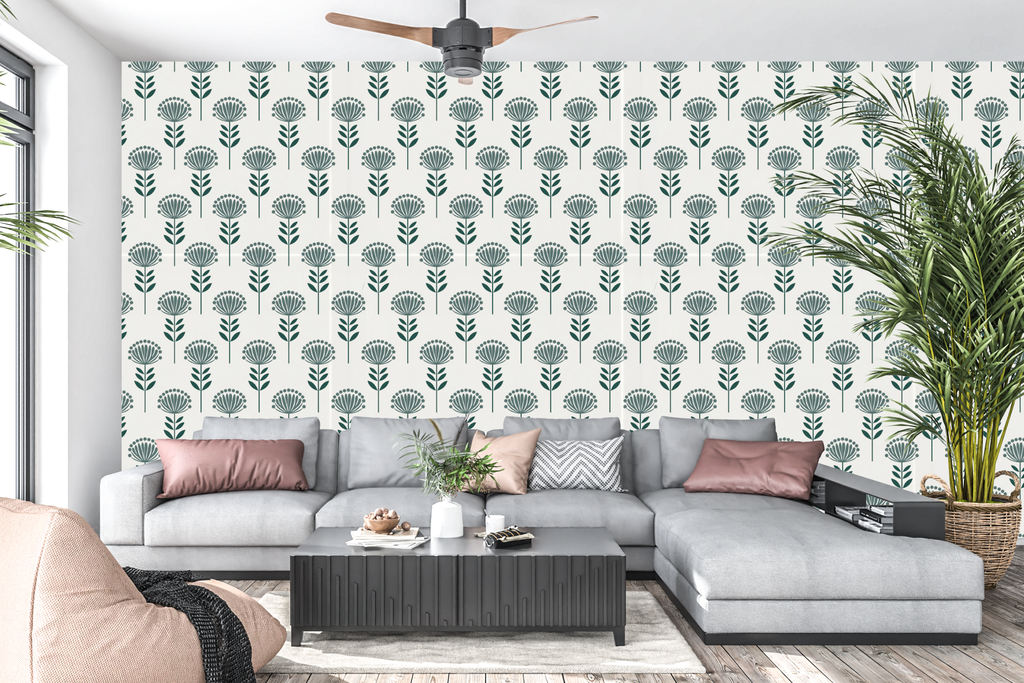 Mid-century modern geometric floral peel and stick wall mural behind a stylish living room sofa
