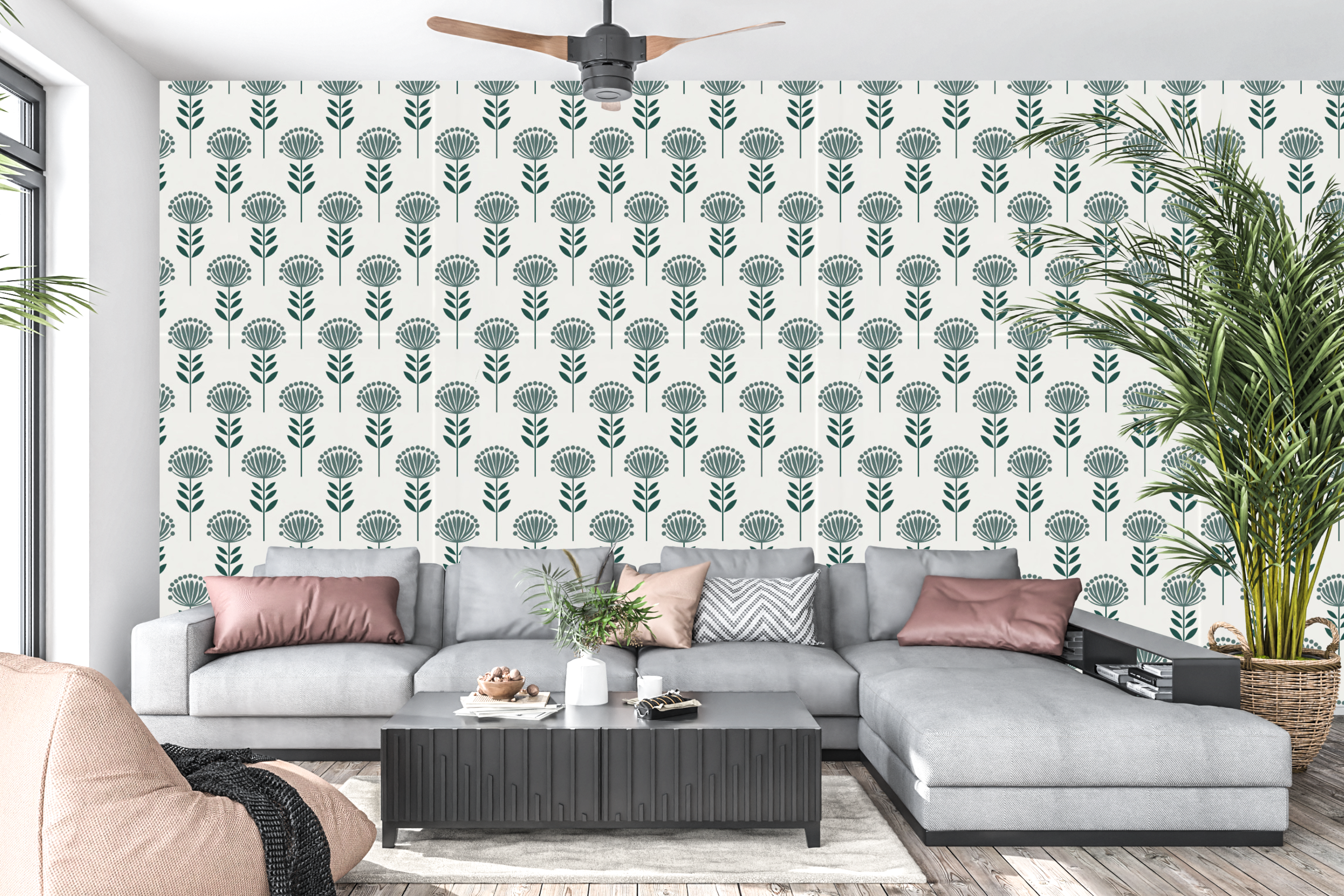 Mid-century modern geometric floral peel and stick wall mural behind a stylish living room sofa