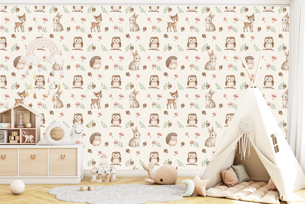 Scandinavian nursery featuring neutral woodland wallpaper with sweet forest animals and soft watercolor accents