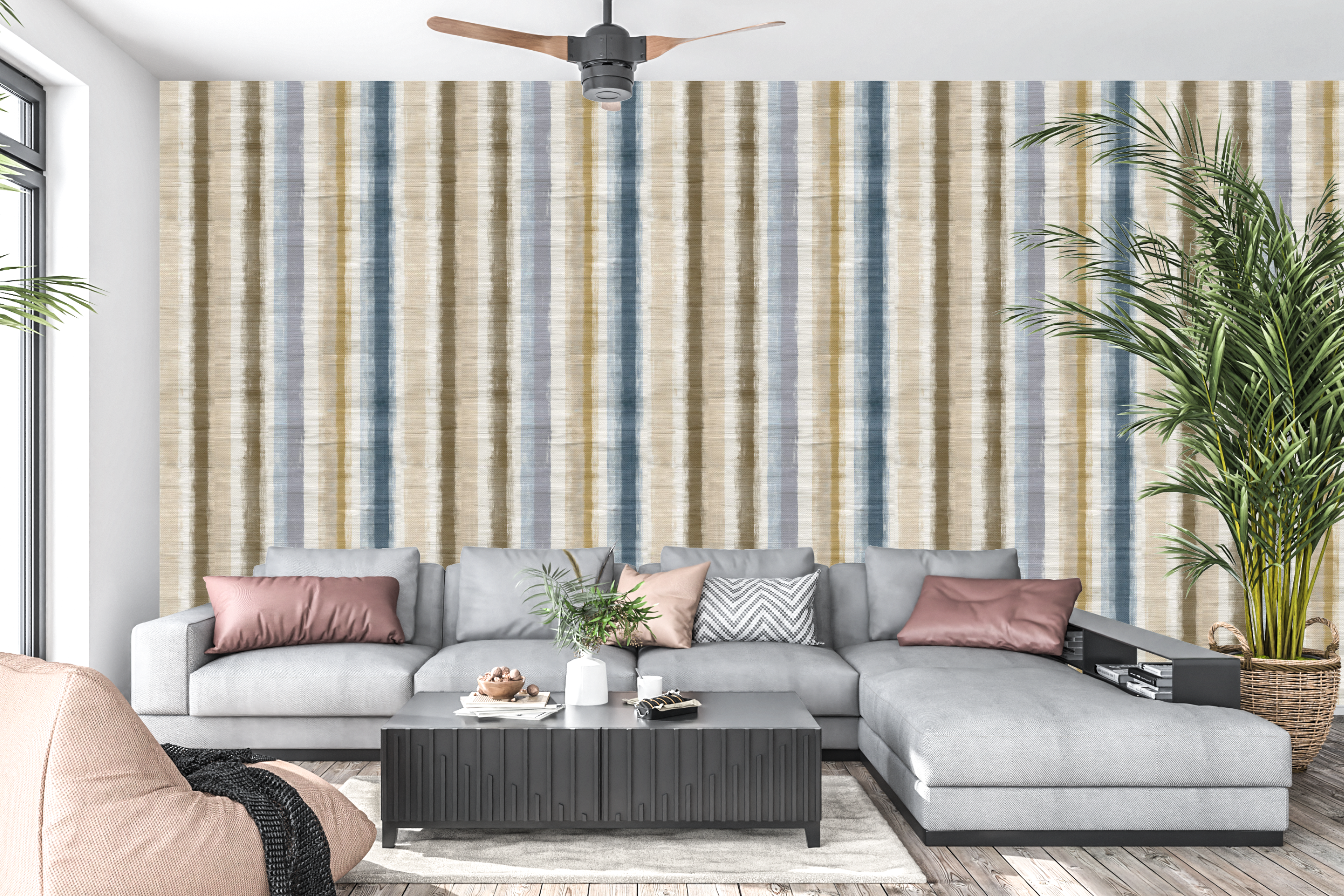 Rustic blue and beige textured striped peel and stick wall mural behind a living room sofa