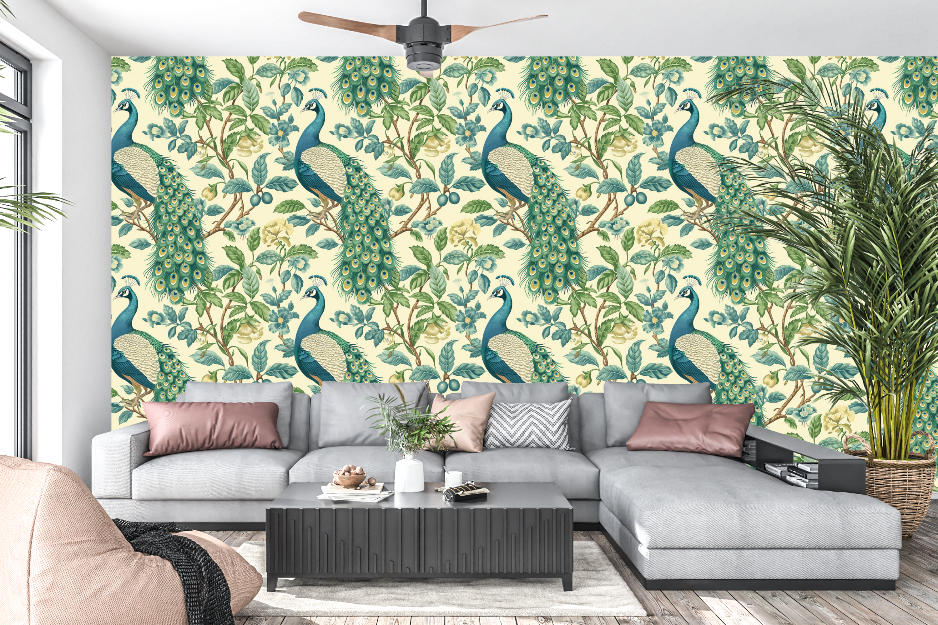 Chinoiserie peacock botanical wallpaper styled as an elegant living room or bedroom feature wall with emerald velvet furniture, brass lighting, and warm natural light — peel and stick or traditional paste wallpaper by WallpaperPixi