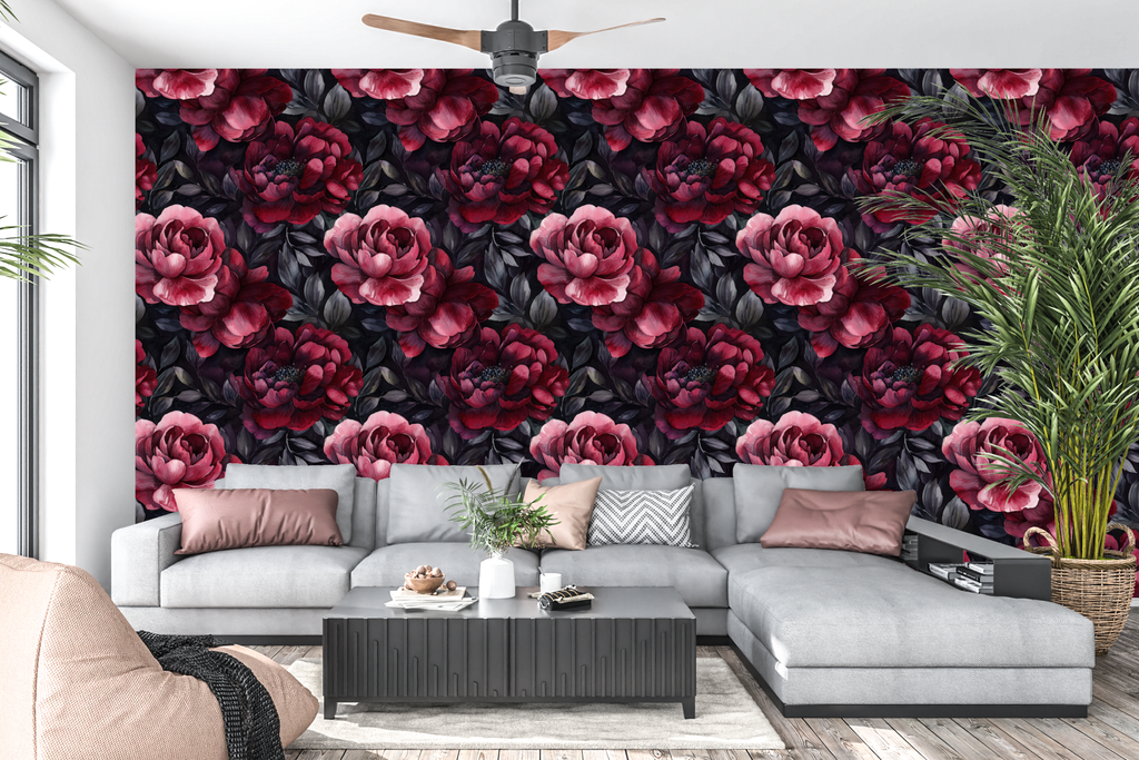Watercolour Dark Red Peony Peel and Stick Wallpaper Moody Bedroom