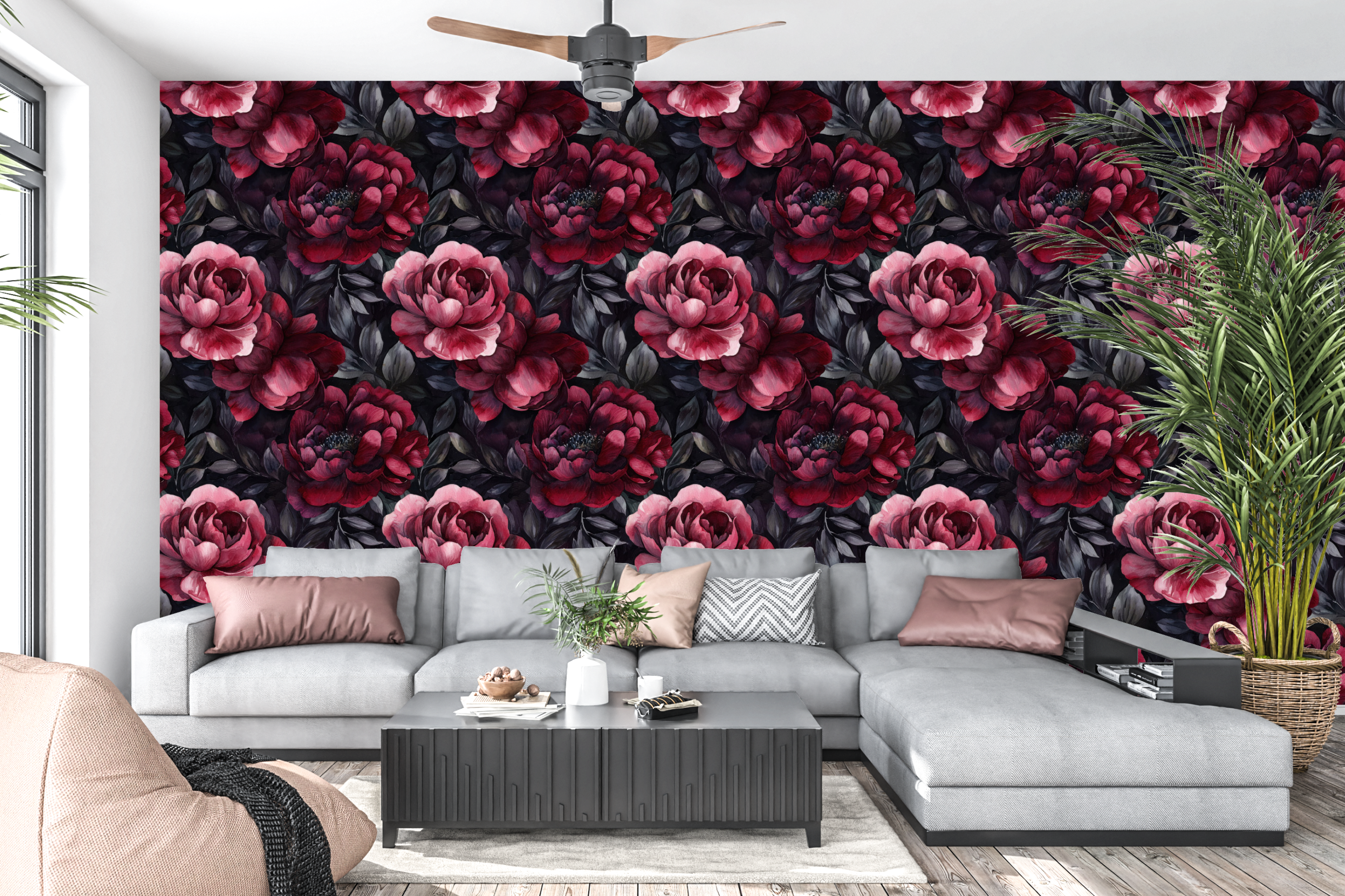 Watercolour Dark Red Peony Peel and Stick Wallpaper Moody Bedroom