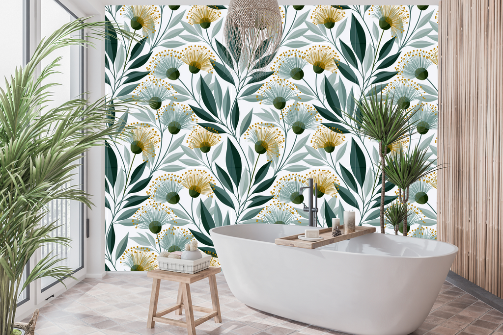 Modern Eucalyptus Botanical Wallpaper Golden Floral & Sage Green Peel and Stick Japandi Organic Wall Mural