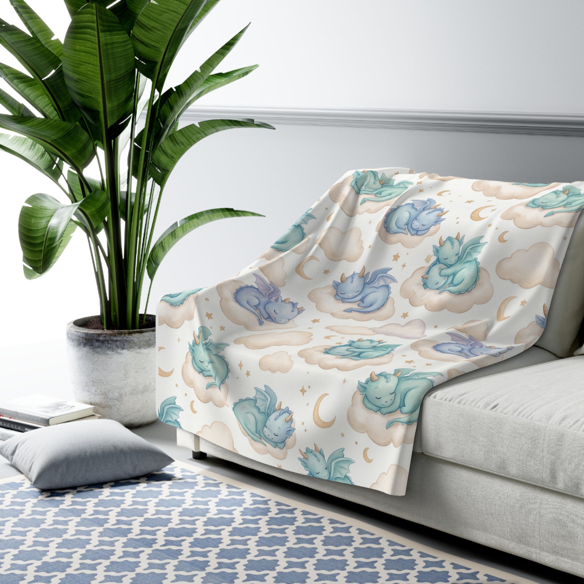 Pastel Sleeping Dragon & Cloud Sherpa Fleece Blanket Dreamy Nursery Throw