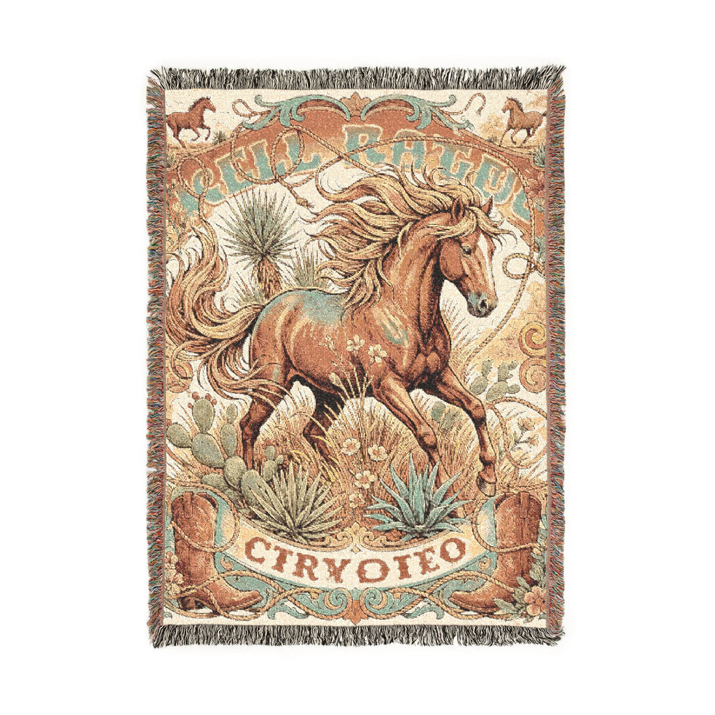 Vintage Western Wild Horse Woven Throw Blanket Southwestern Cowboy Tapestry
