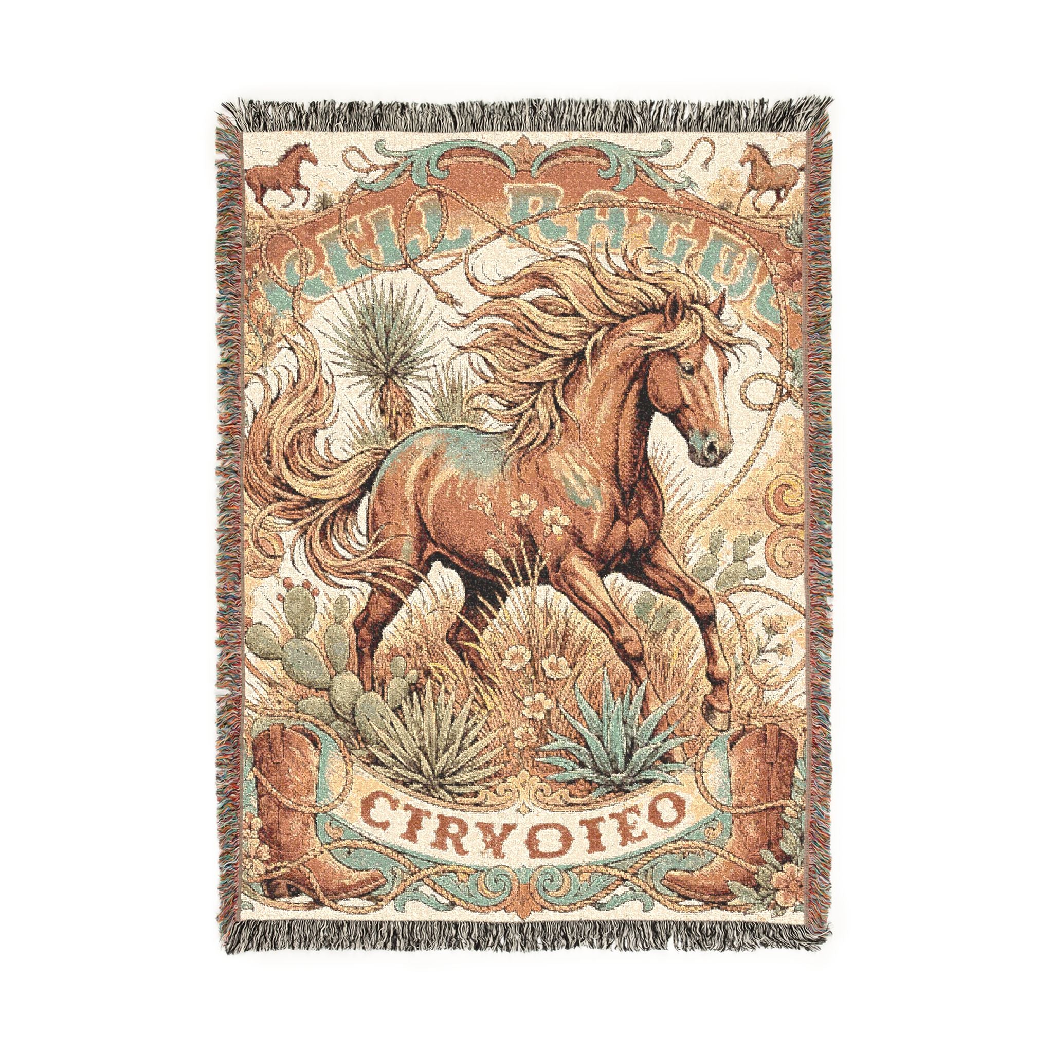 Vintage Western Wild Horse Woven Throw Blanket Southwestern Cowboy Tapestry