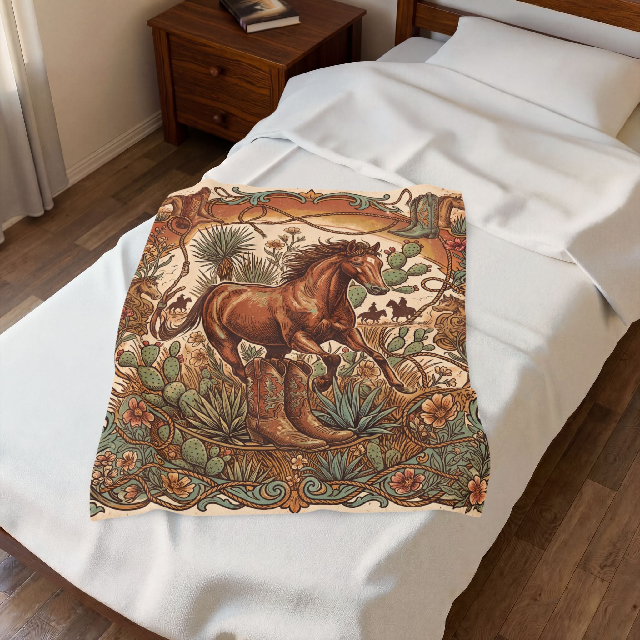 Vintage Western Wild Horse Plush Throw Blanket Cowboy Desert Velvety Blanket