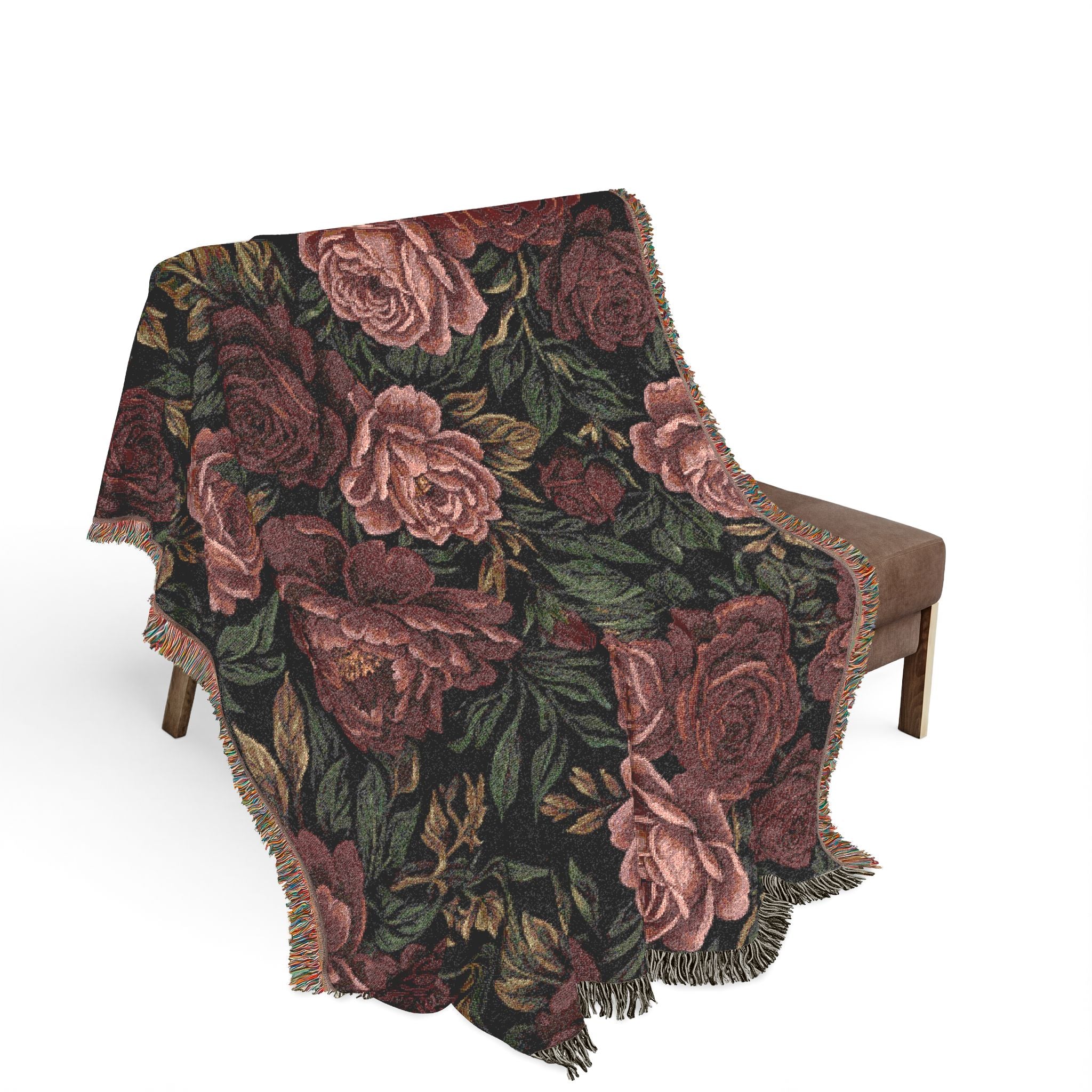 Vintage Moody Floral Woven Throw Blanket Dark Botanical Rose Tapestry