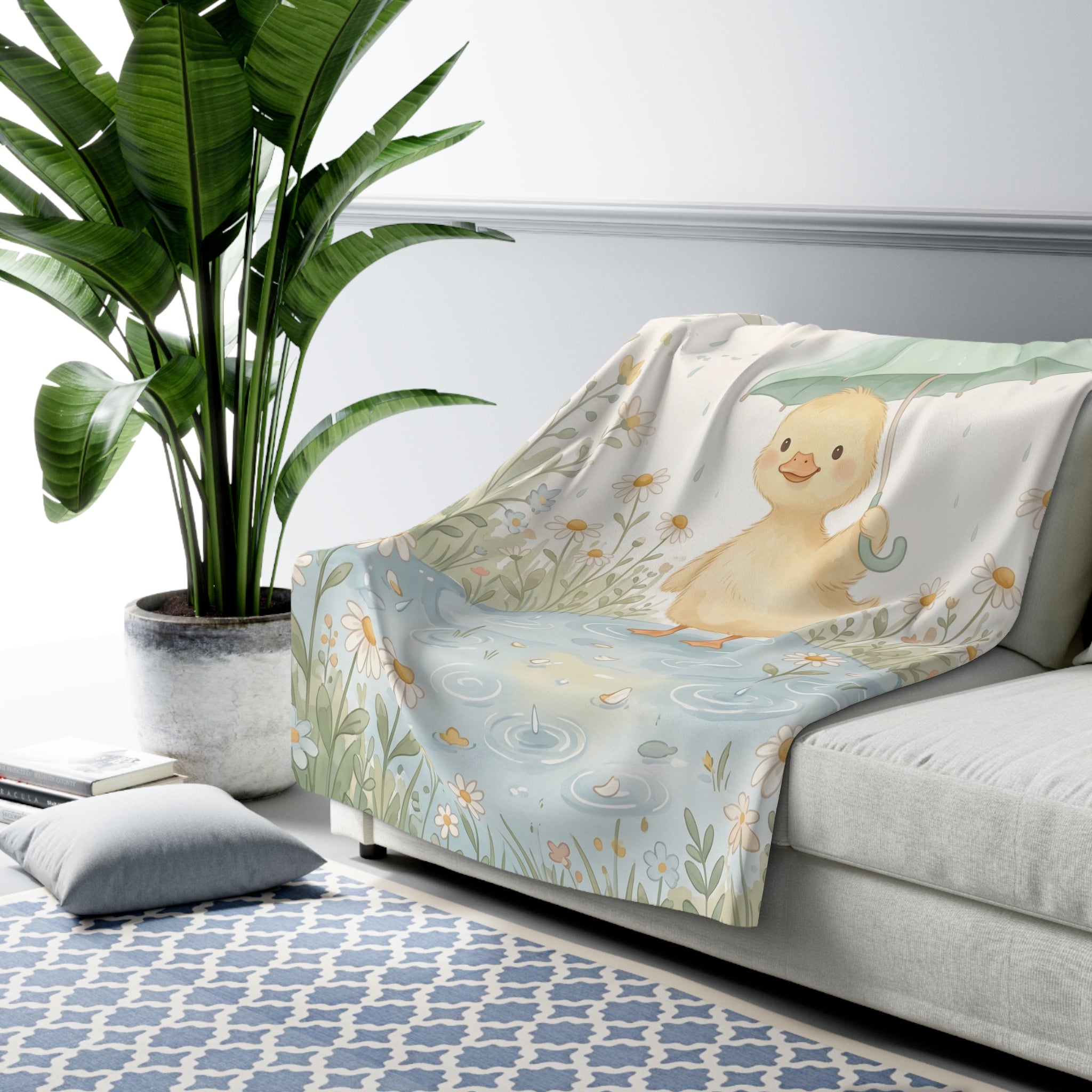 Watercolor Rainy Day Duckling Sherpa Fleece Blanket Cute Spring Marshmallow Throw