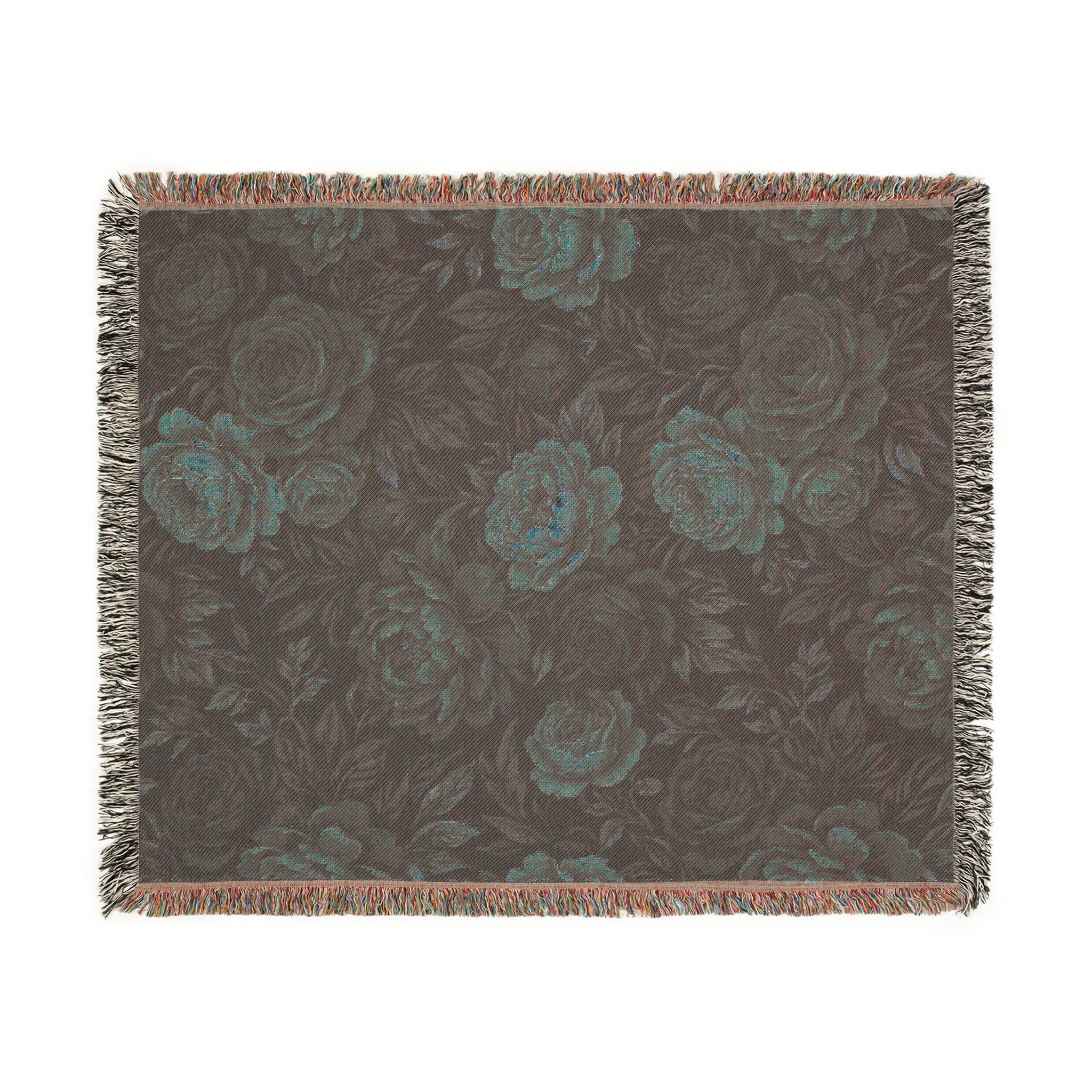 Vintage Moody Floral Woven Throw Blanket Dark Botanical Rose Tapestry