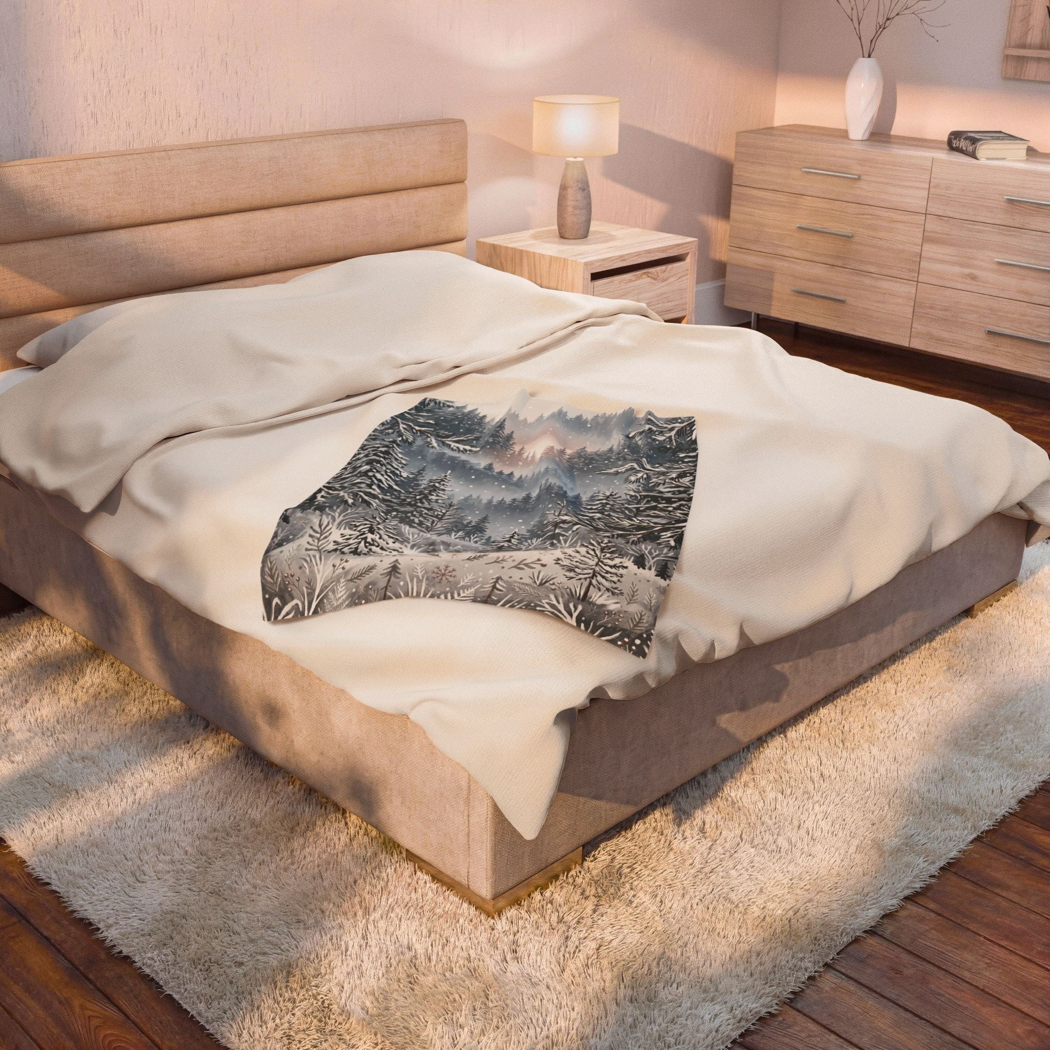 Serene Snowy Pine Forest Plush Throw Blanket Winter Wonderland Velvety Blanket
