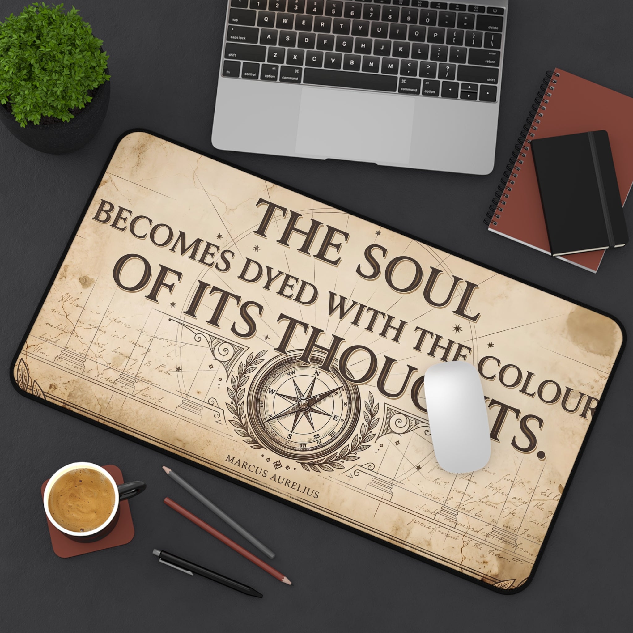 Stoic Philosophy Desk Mat Marcus Aurelius Quote & Vintage Compass Art Office Pad
