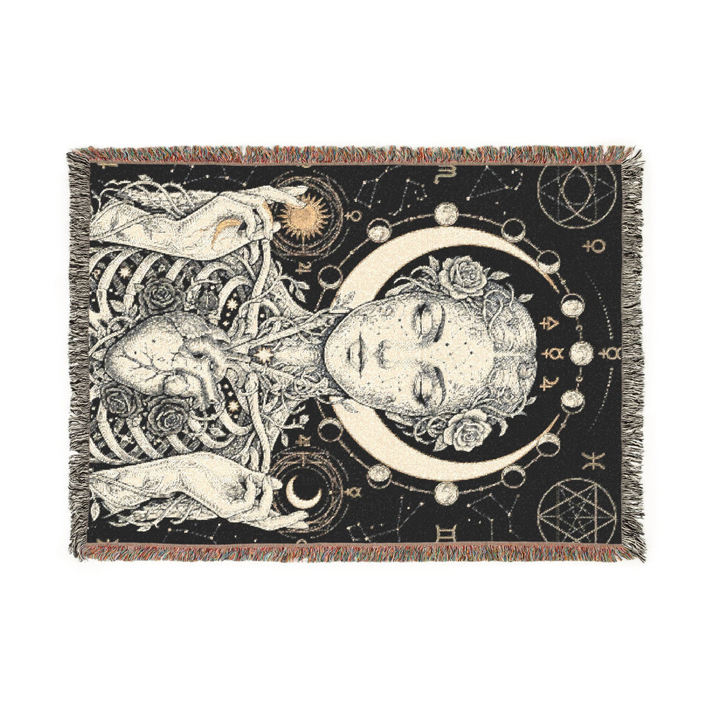 Mystical Celestial Goddess Woven Throw Blanket Dark Macabre Botanical Tapestry