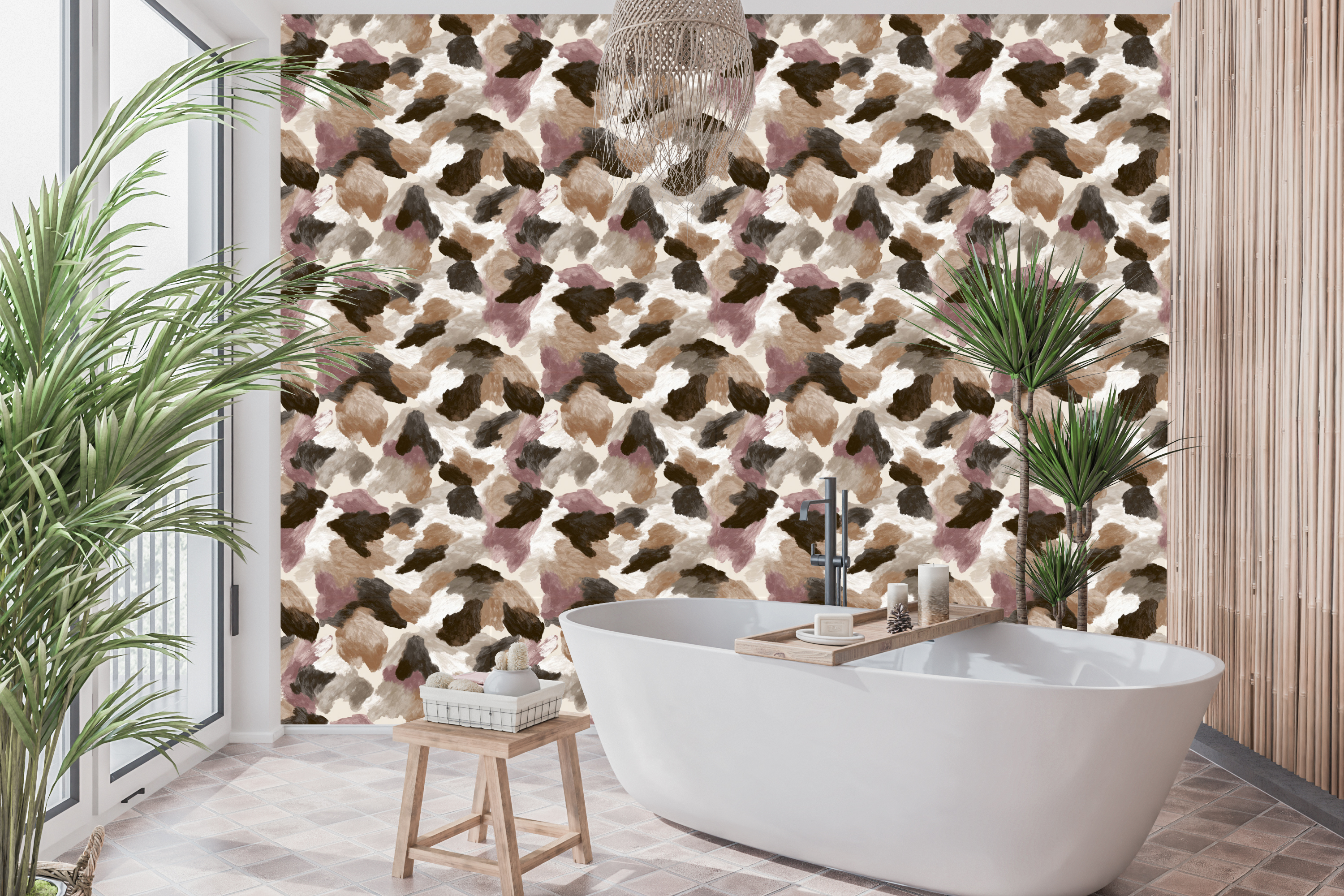 Waterproof vinyl earthy abstract brushstroke wallpaper applied in a modern neutral bathroom