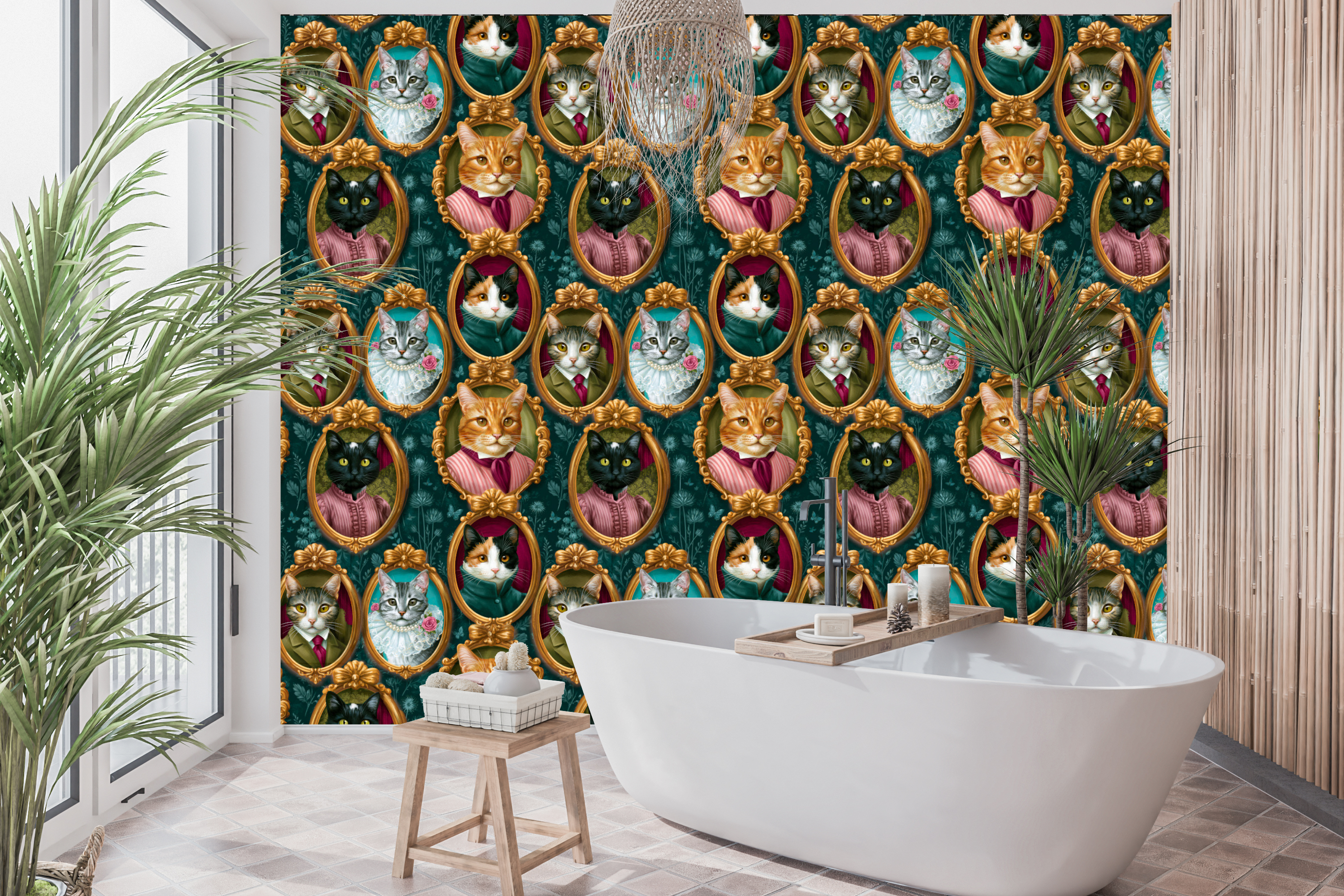 Victorian Whimsical Cat Portrait Peel and Stick Wallpaper