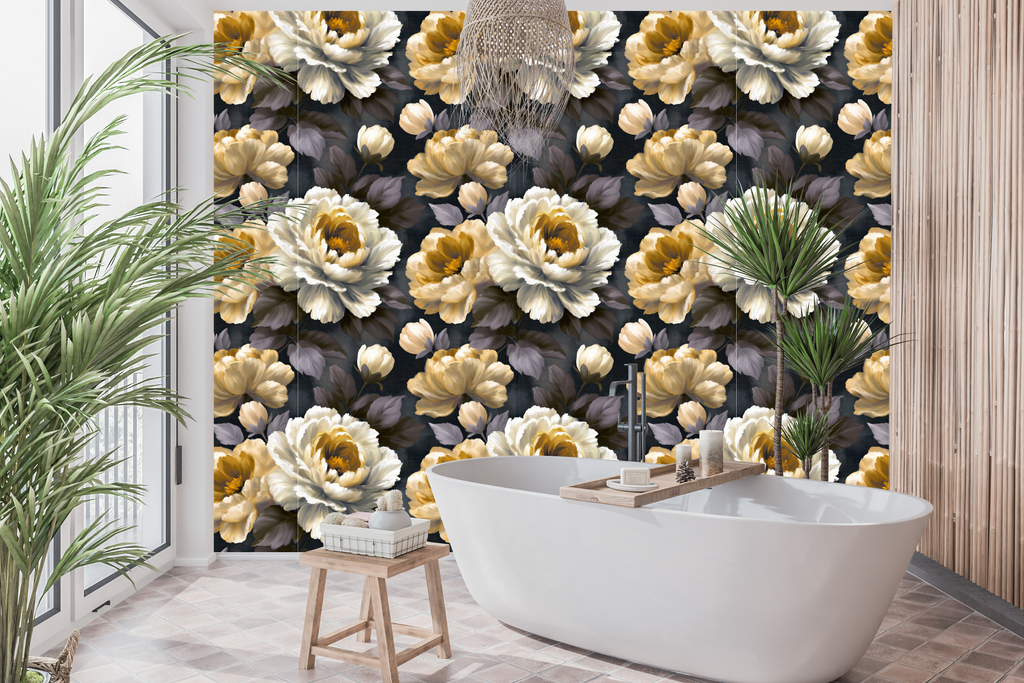 Dark Peony Wallpaper Navy Oil Painted Floral Bedroom