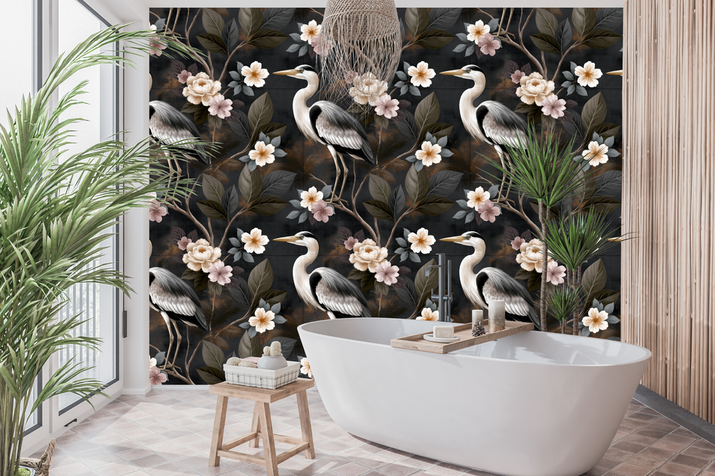 Dark Chinoiserie Heron Wallpaper Moody Floral Bedroom