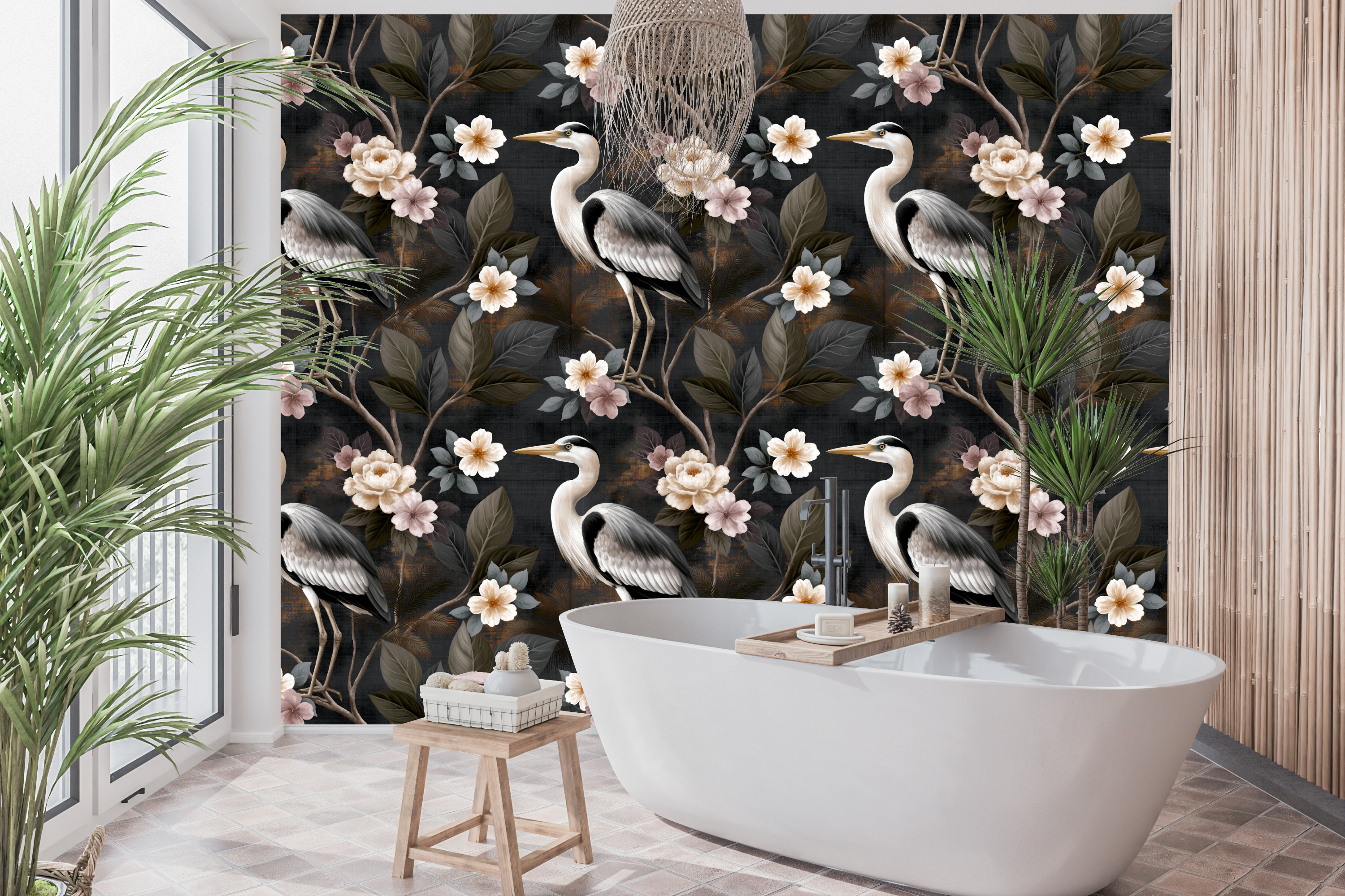 Dark Chinoiserie Heron Wallpaper Moody Floral Bedroom
