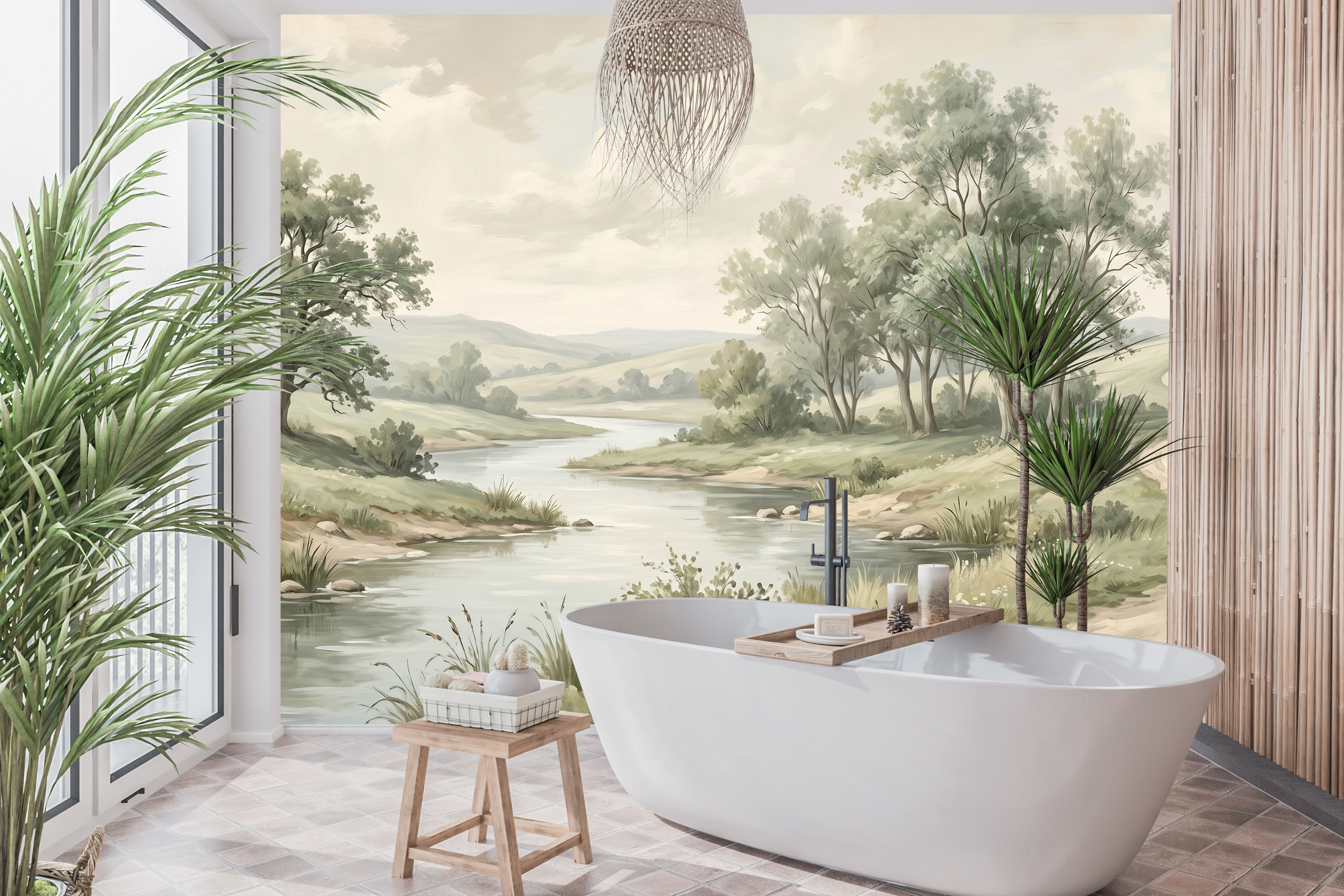 Waterproof vinyl countryside scenic wallpaper applied in a rustic bathroom