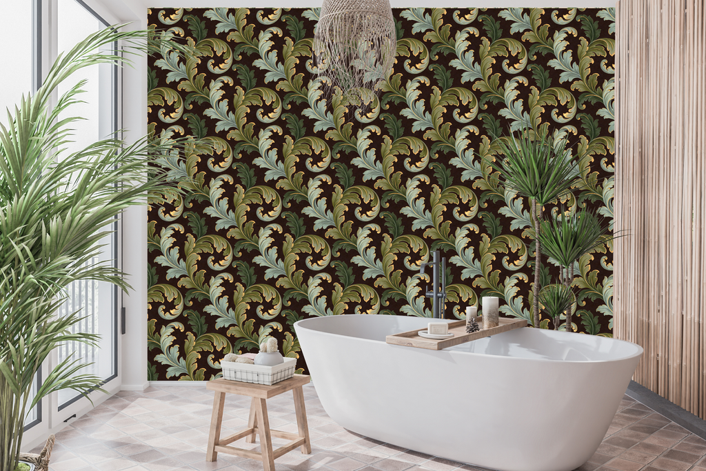 Baroque Green Acanthus Peel and Stick Wallpaper Dark Bedroom Wall Decal