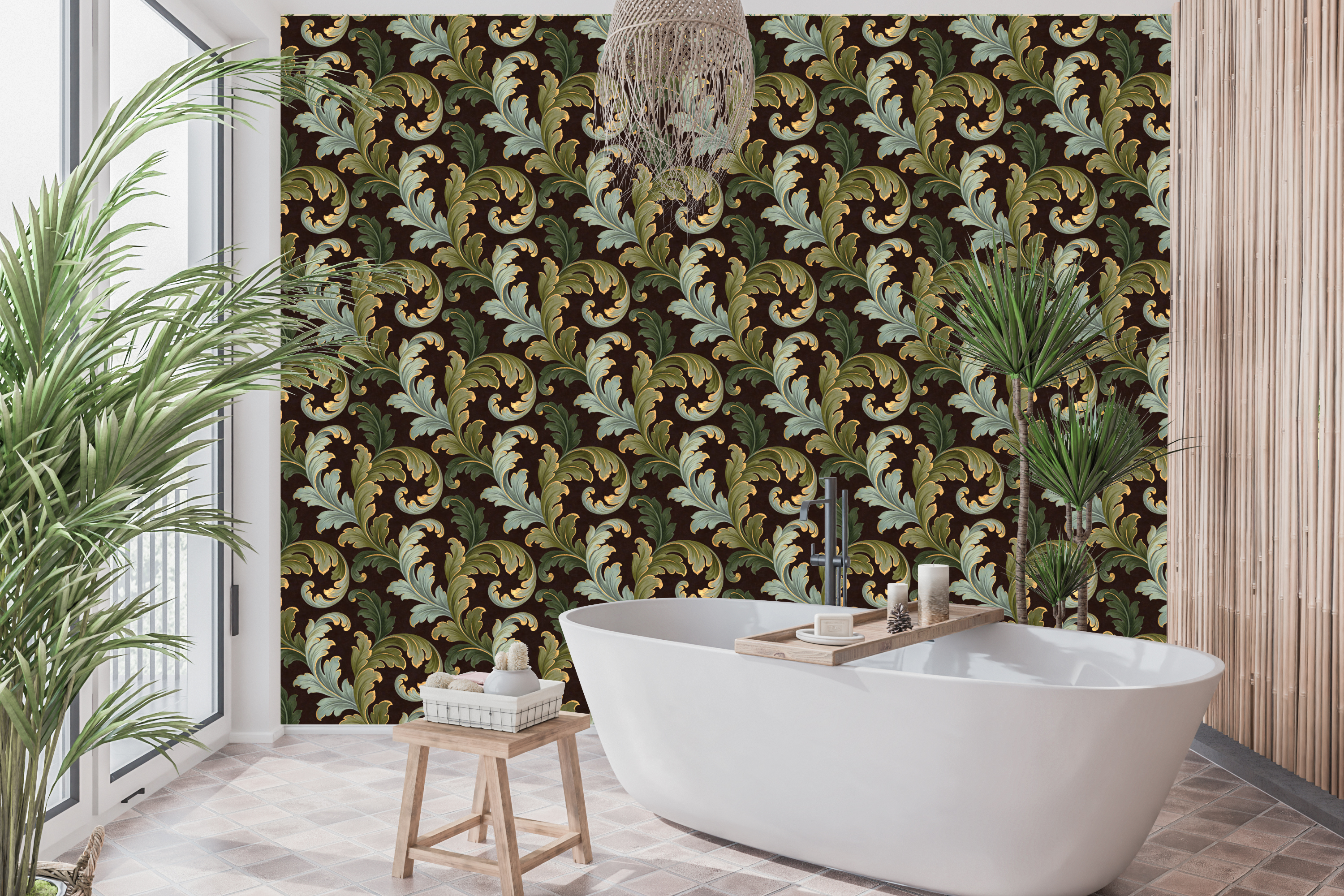 Baroque Green Acanthus Peel and Stick Wallpaper Dark Bedroom Wall Decal