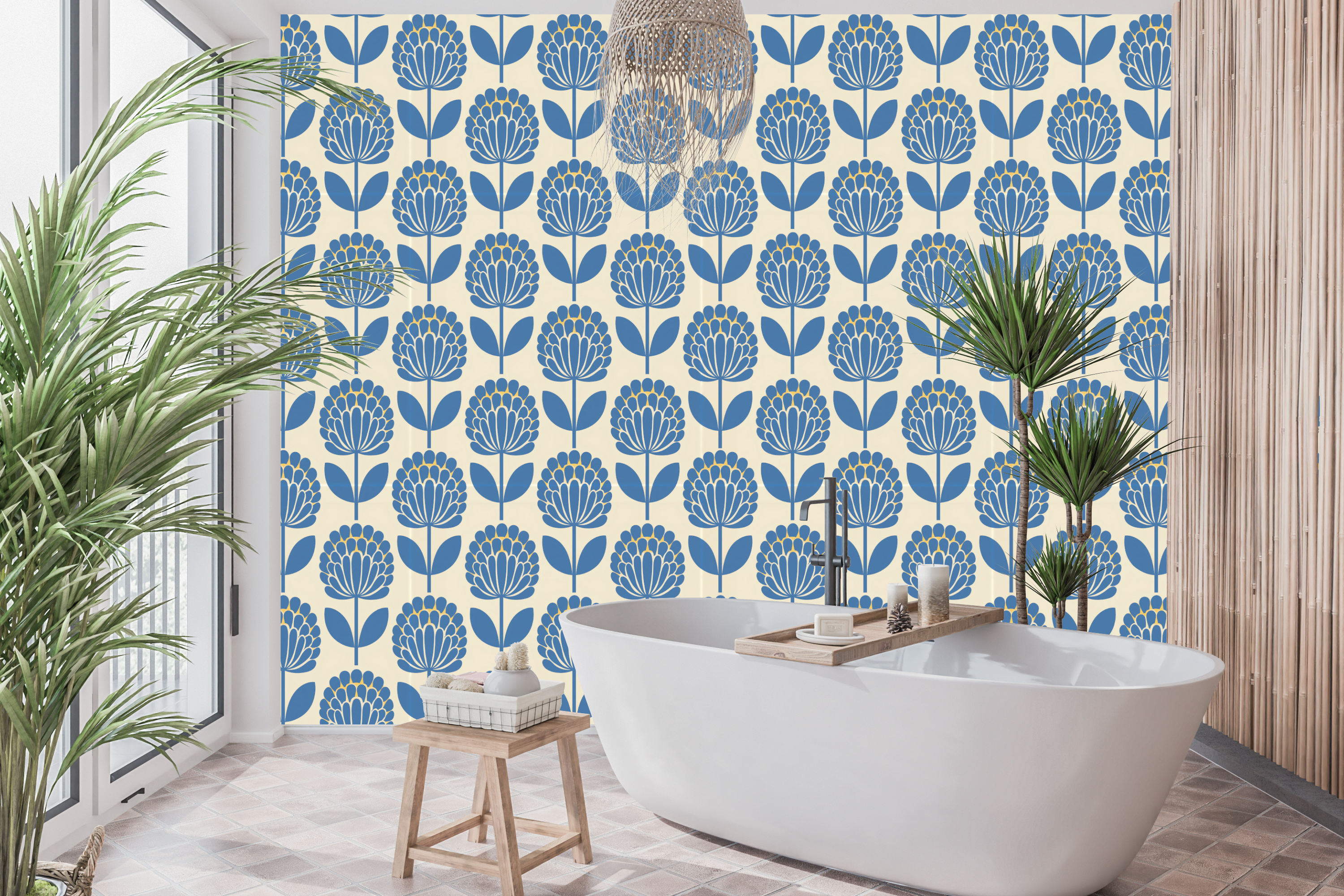 Waterproof vinyl mid-century modern blue floral wallpaper applied above a bathtub in a bright bathroom