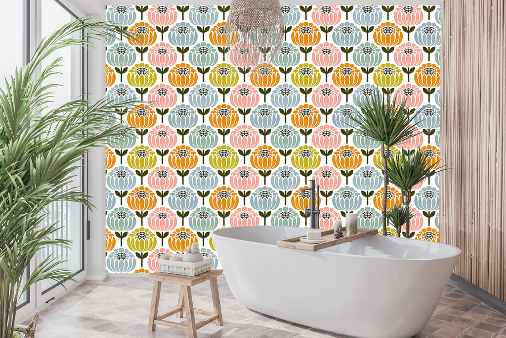 Waterproof vinyl colorful Scandinavian retro floral wallpaper applied in a bright modern bathroom