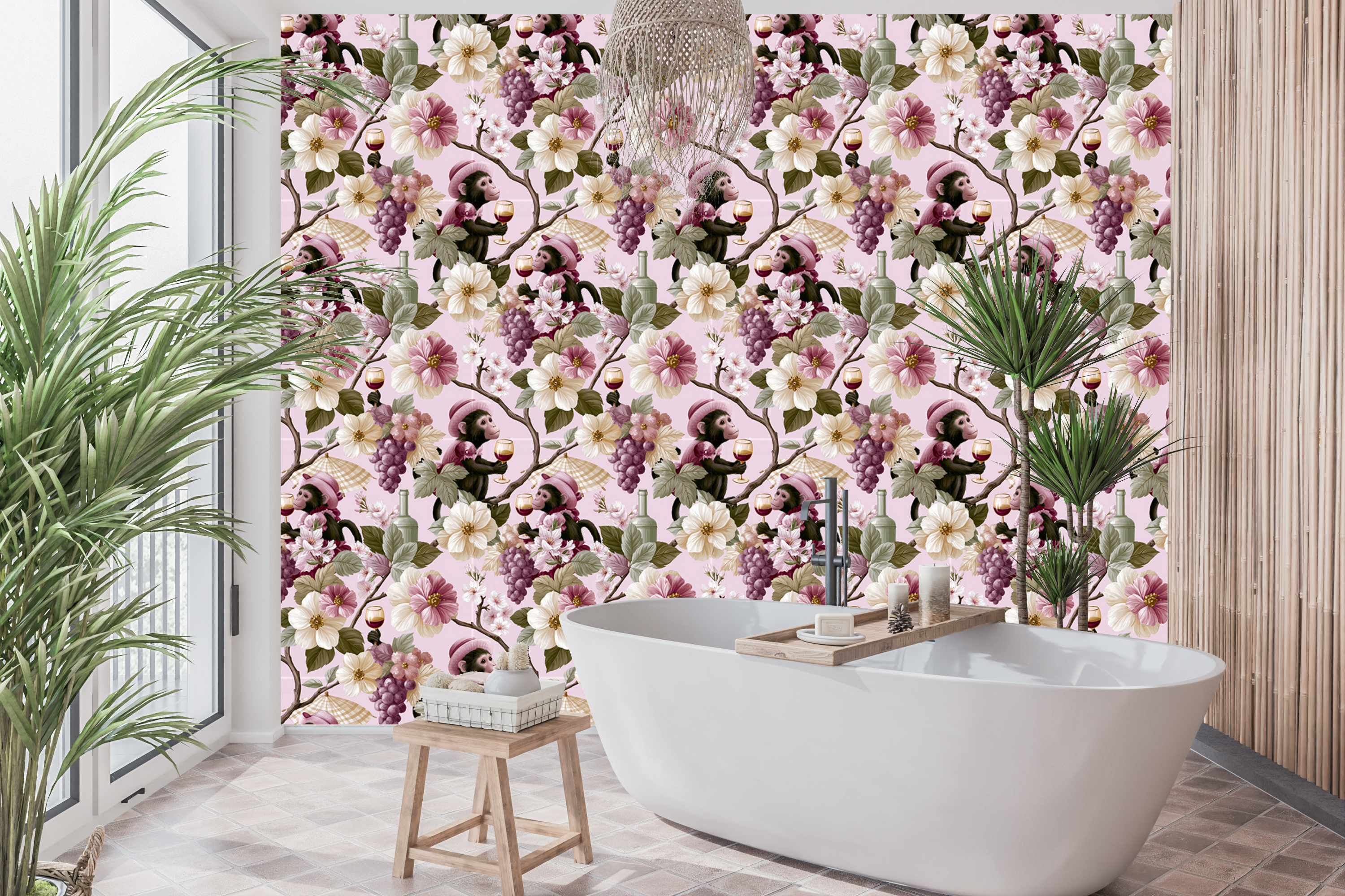 Chinoiserie Monkey Wallpaper Pink Singerie Floral