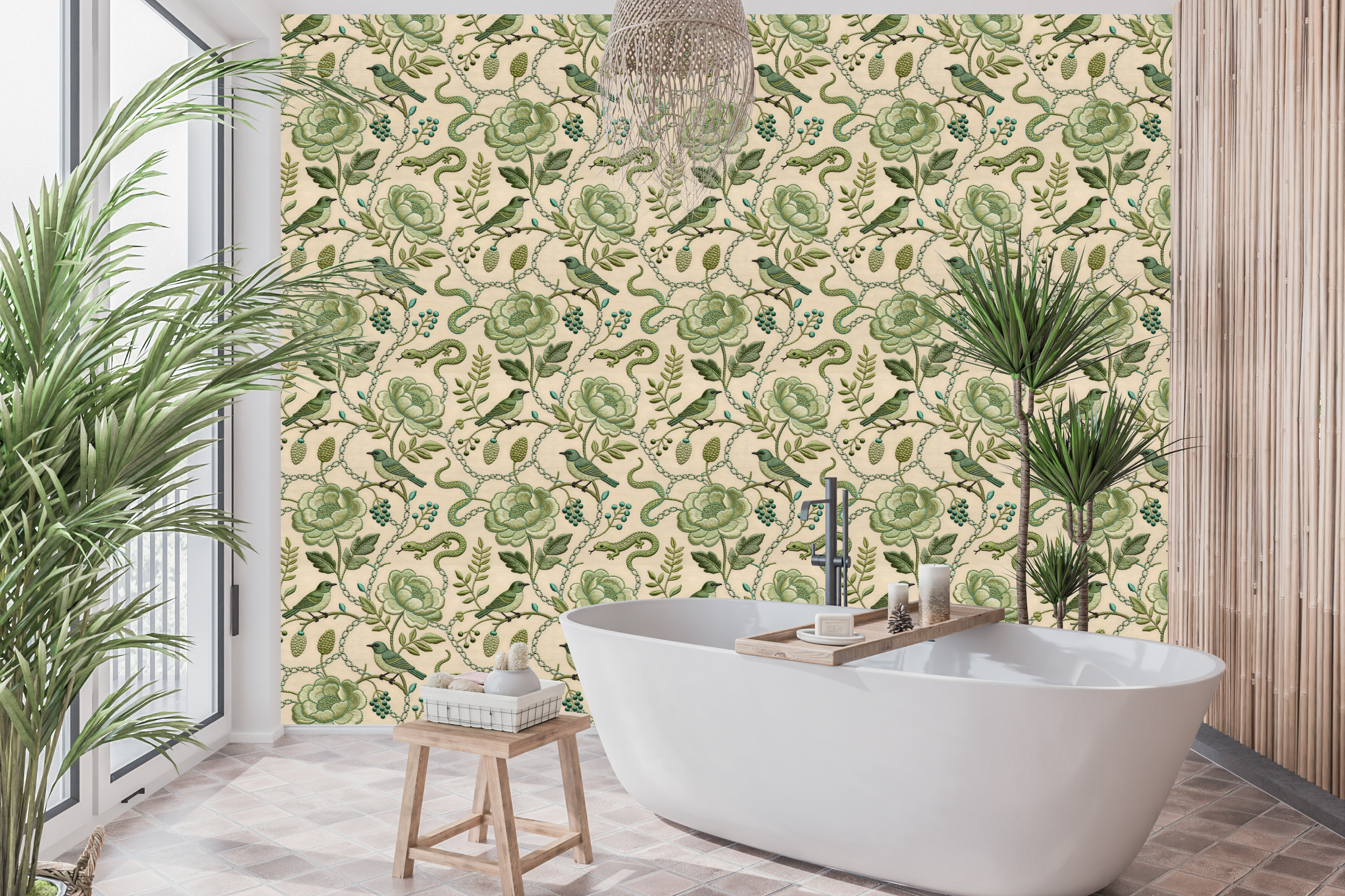 Chinoiserie Green Bird Peel and Stick Wallpaper Embroidered Floral Decal