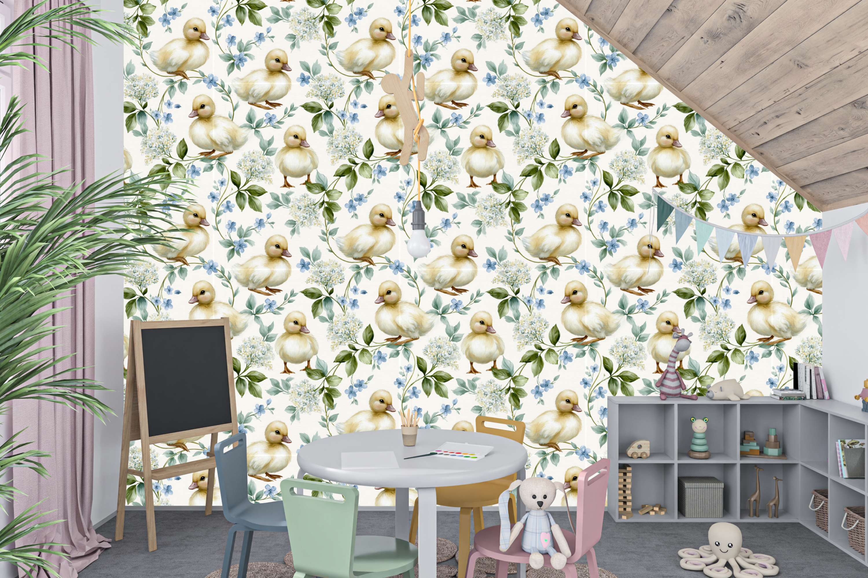 Duckling Nursery Peel and Stick Wallpaper Watercolour Floral Baby Room