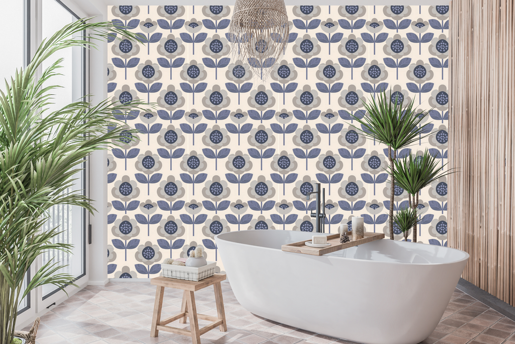 Waterproof vinyl Scandinavian retro floral wallpaper applied in a bright modern bathroom