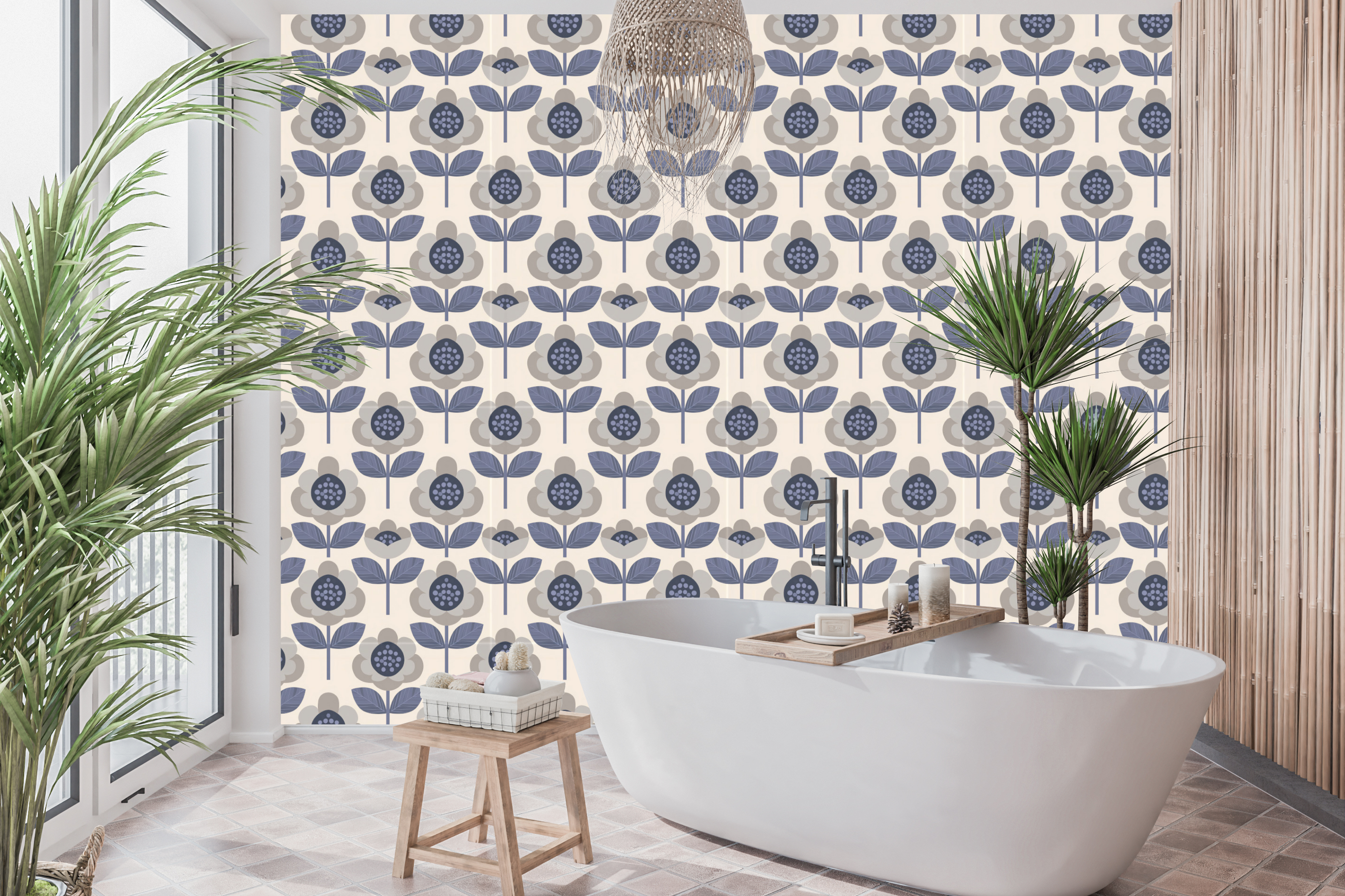 Waterproof vinyl Scandinavian retro floral wallpaper applied in a bright modern bathroom