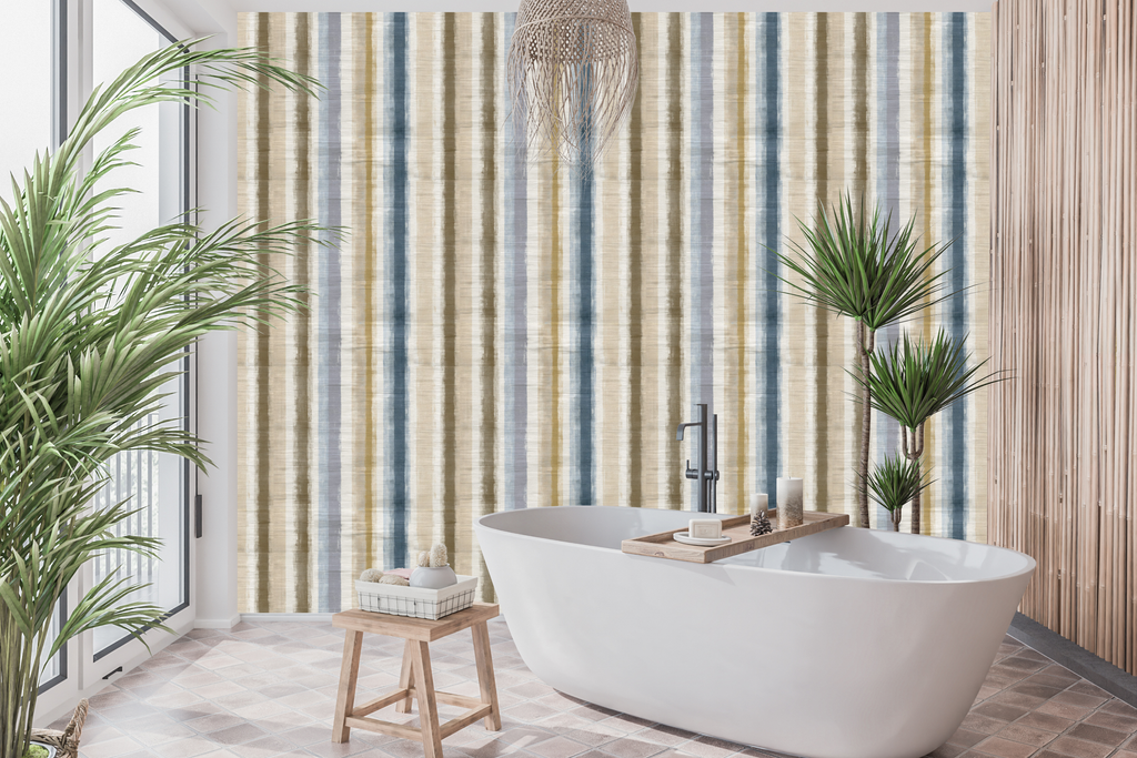 Waterproof vinyl rustic farmhouse stripe wallpaper applied in a bright neutral bathroom