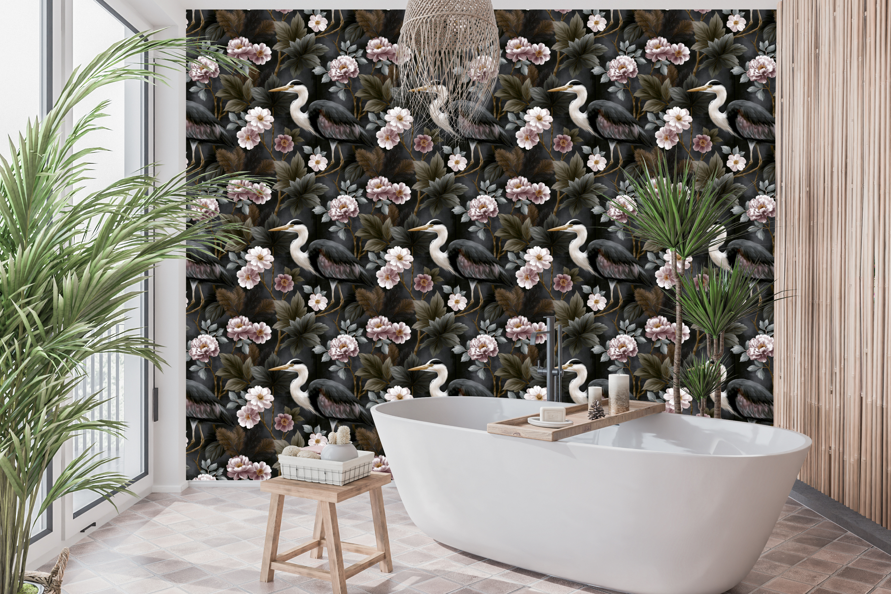 Dark Heron Wallpaper Chinoiserie Peony Floral Living Room Decal