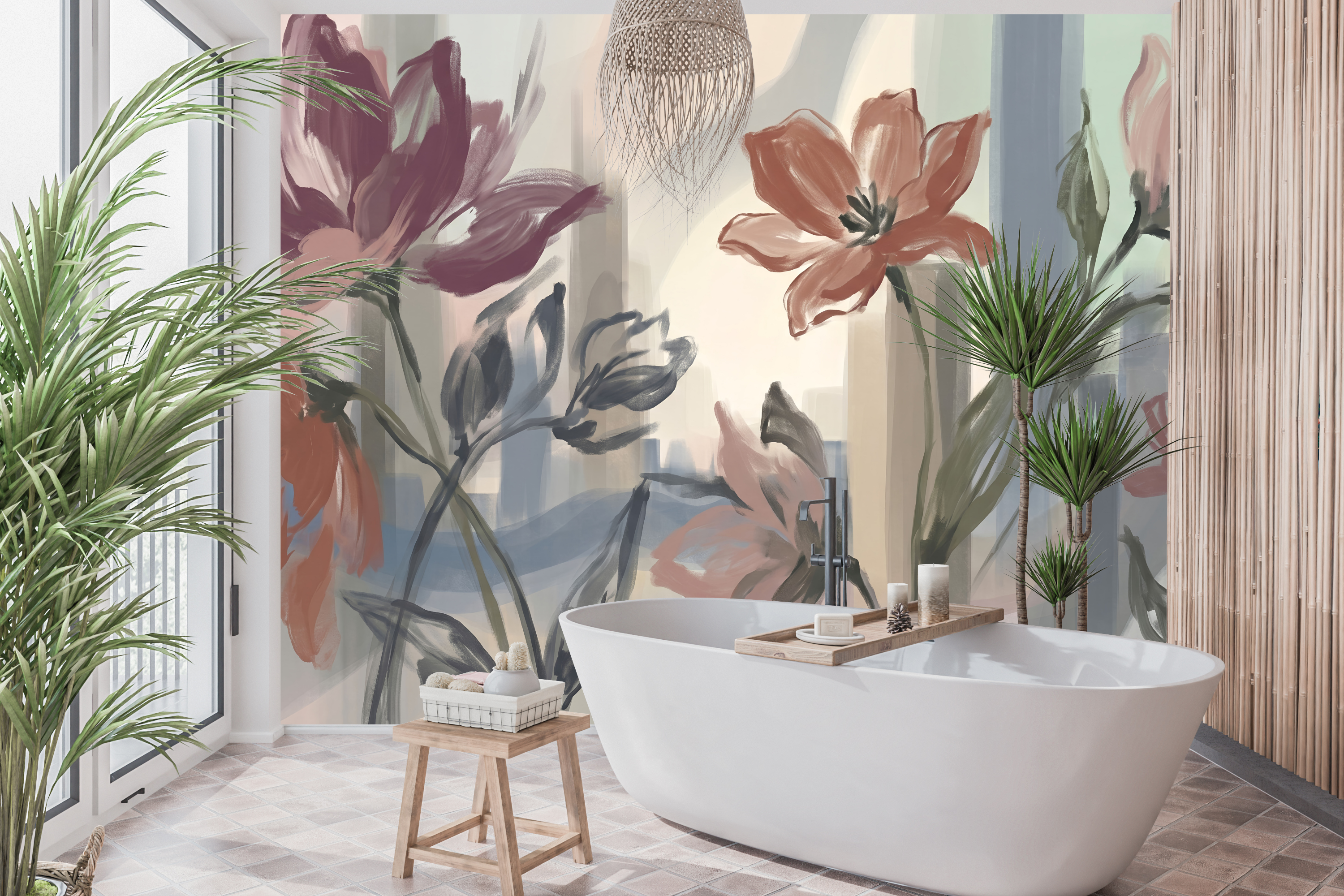 Waterproof vinyl abstract watercolor floral wallpaper applied in a bright modern bathroom