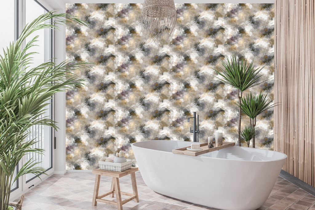 Waterproof vinyl faux concrete and limewash wallpaper applied in a sophisticated modern bathroom