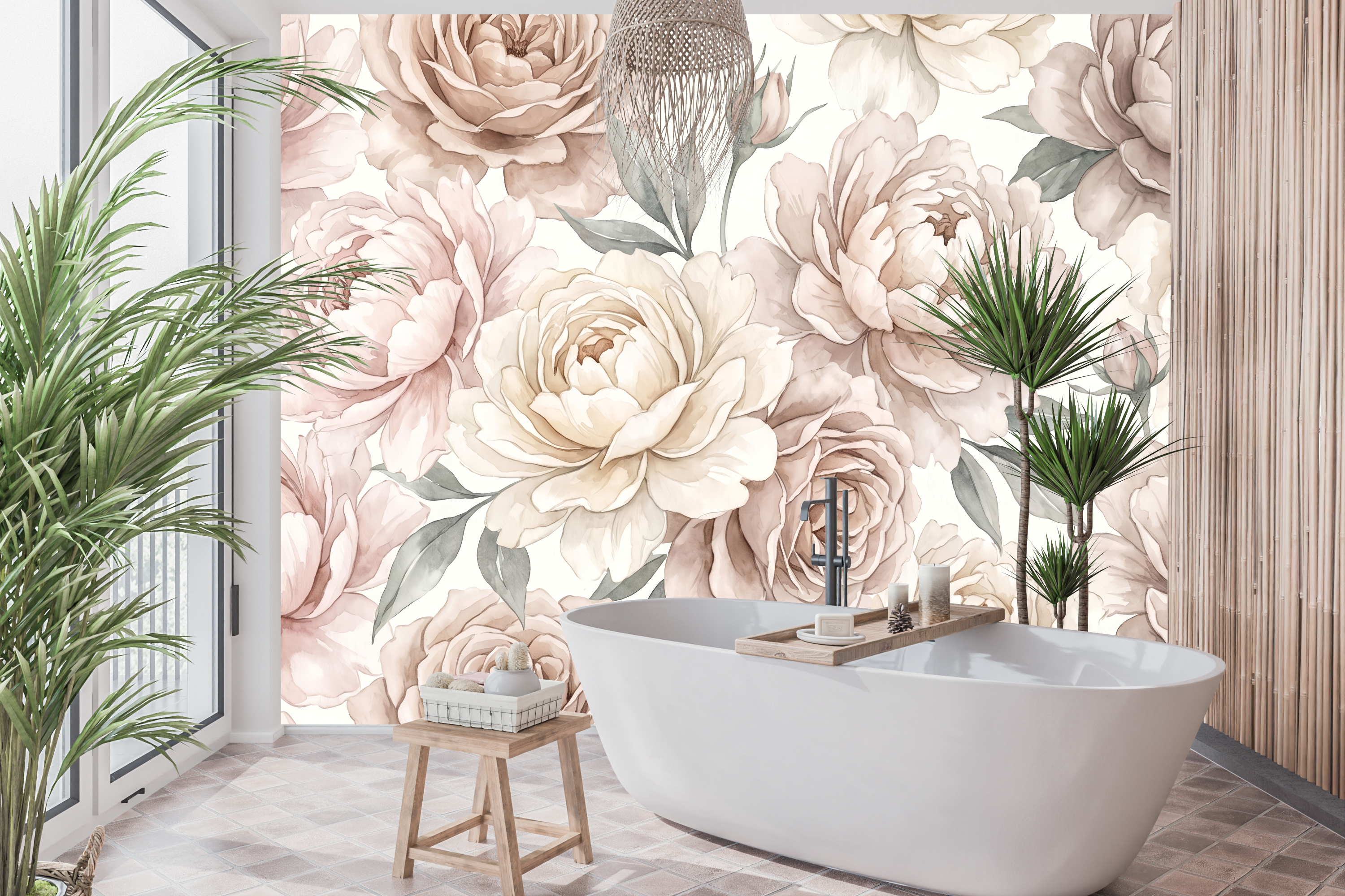 Waterproof vinyl romantic botanical wallpaper applied in a vintage powder room